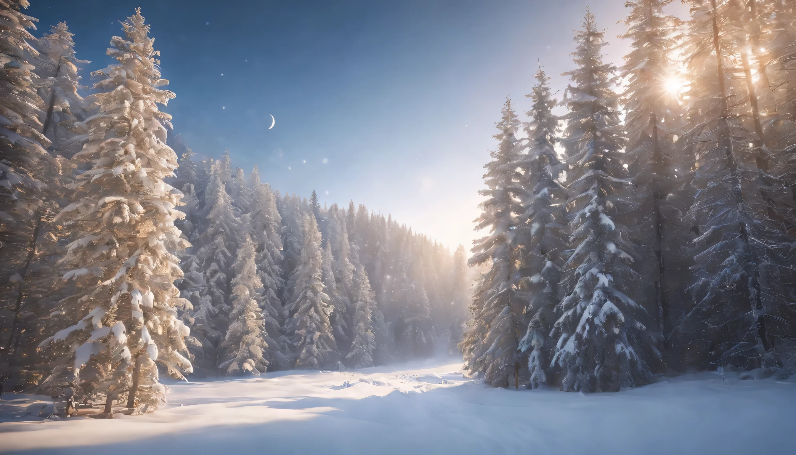 (Highly detailed CG Unity 8K wallpaper、masterpiece、highest quality、Super detailed)、(best lighting、best shadow、very delicate and beautiful)、highest quality、8K、Detailed facial depiction、masterpiece、highest quality、clear image quality、pine tree covered with snow々A photo of a beautiful scenery reflected at dawn