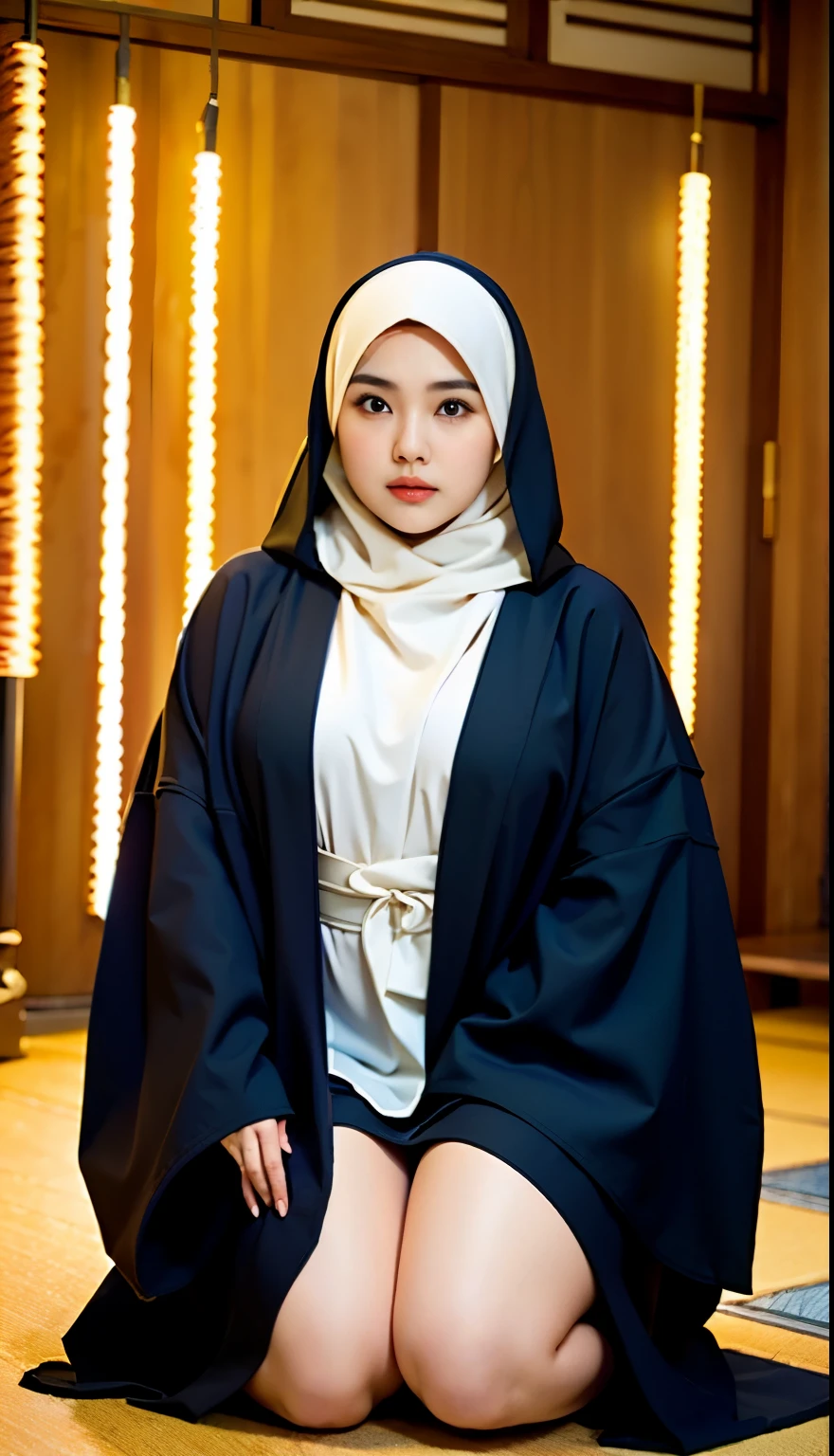 there is a woman kneeling down with a hijab, bbwchan, thicc, hijab outfit, hijab fashion model, korean girl, korean woman, wearing black robe, full length shot, alluring plus sized model, japanese goddess, clothed in hooded, voluptuous and arousing, portrait shot, curvy model, voluptuous body, wonderful, nene tanaka body , bbwchan 