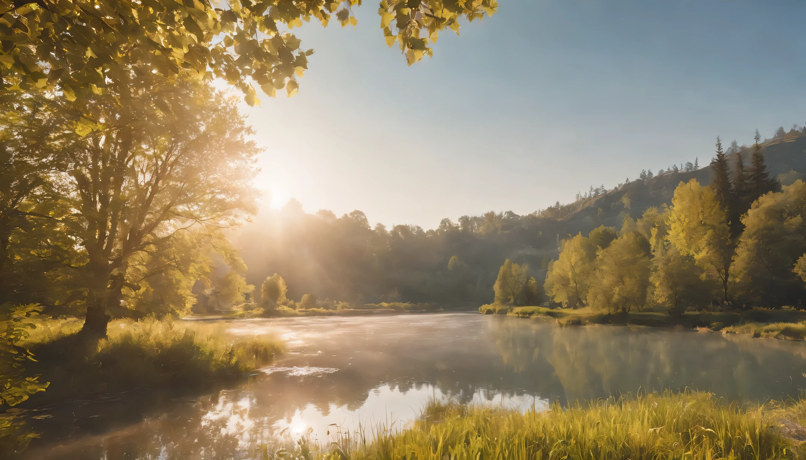 (Highly detailed CG Unity 8K wallpaper、masterpiece、highest quality、Super detailed)、(best lighting、best shadow、very delicate and beautiful)、highest quality、8K、Detailed facial depiction、masterpiece、highest quality、clear image quality、A photo of the moment the sun rises on the bank of a cold river