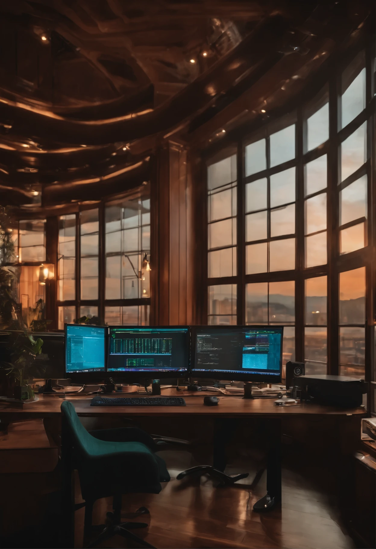 Programador trabalhando, writing code, with multiple monitors within a library.