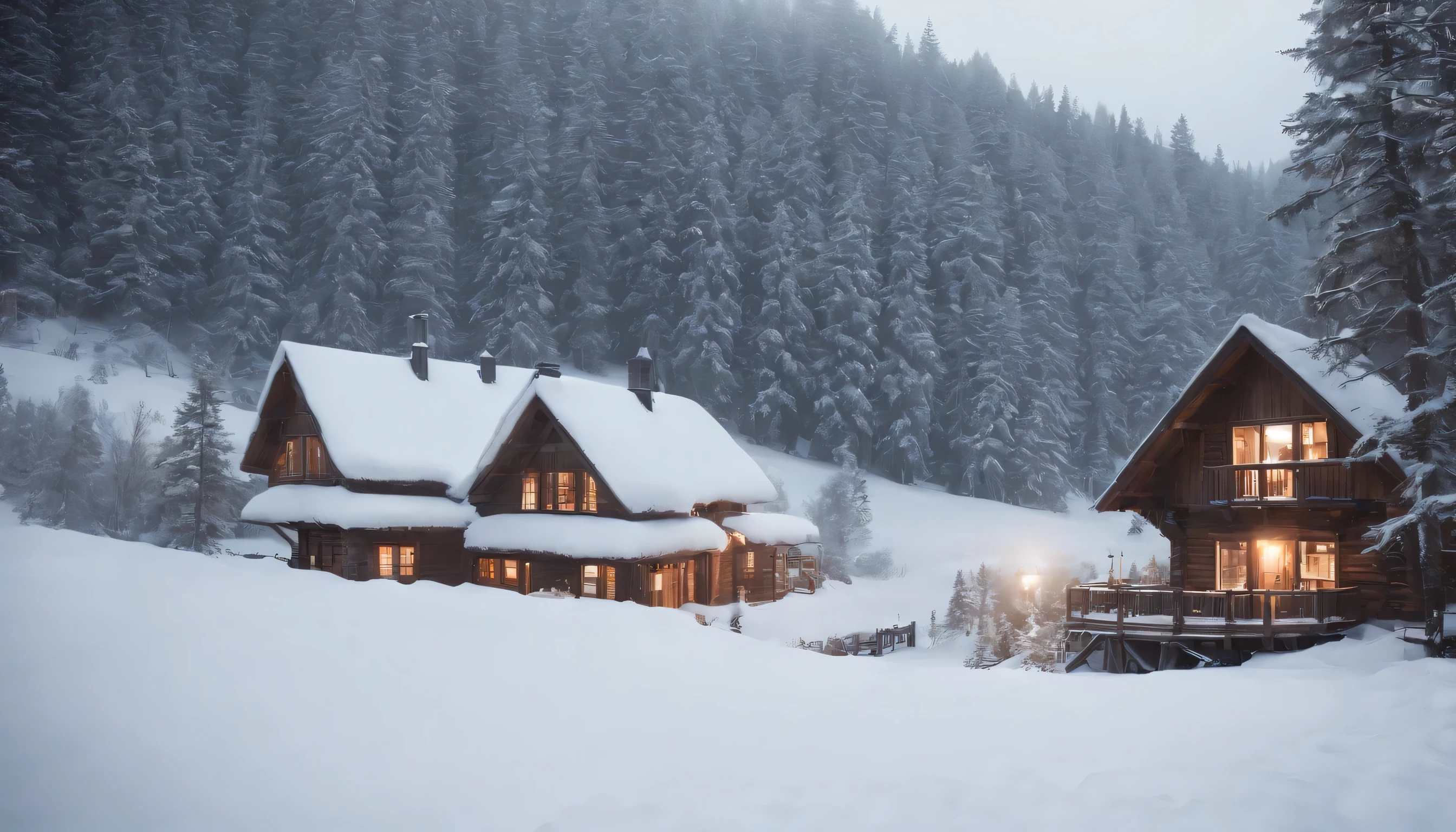 (Highly detailed CG Unity 8K wallpaper、masterpiece、highest quality、Super detailed)、(best lighting、best shadow、very delicate and beautiful)、highest quality、8K、Detailed facial depiction、masterpiece、highest quality、clear image quality、Photo of a small house buried in snow and the surrounding snowy landscape