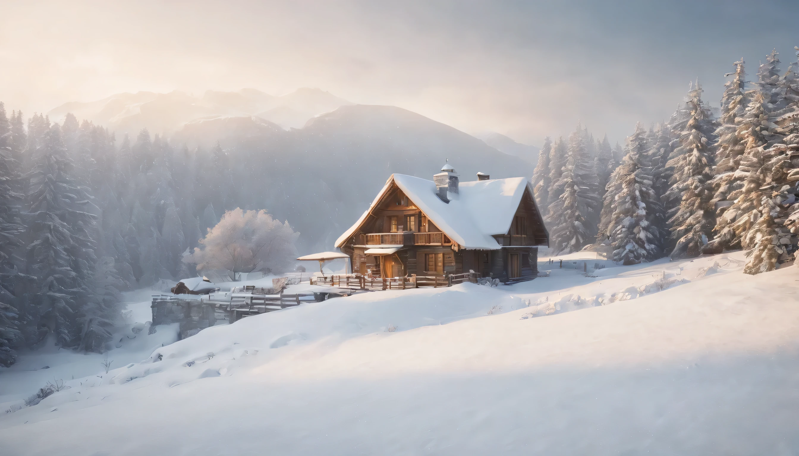 (Highly detailed CG Unity 8K wallpaper、masterpiece、highest quality、Super detailed)、(best lighting、best shadow、very delicate and beautiful)、highest quality、8K、Detailed facial depiction、masterpiece、highest quality、clear image quality、Photo of a small house buried in snow and the surrounding snowy landscape