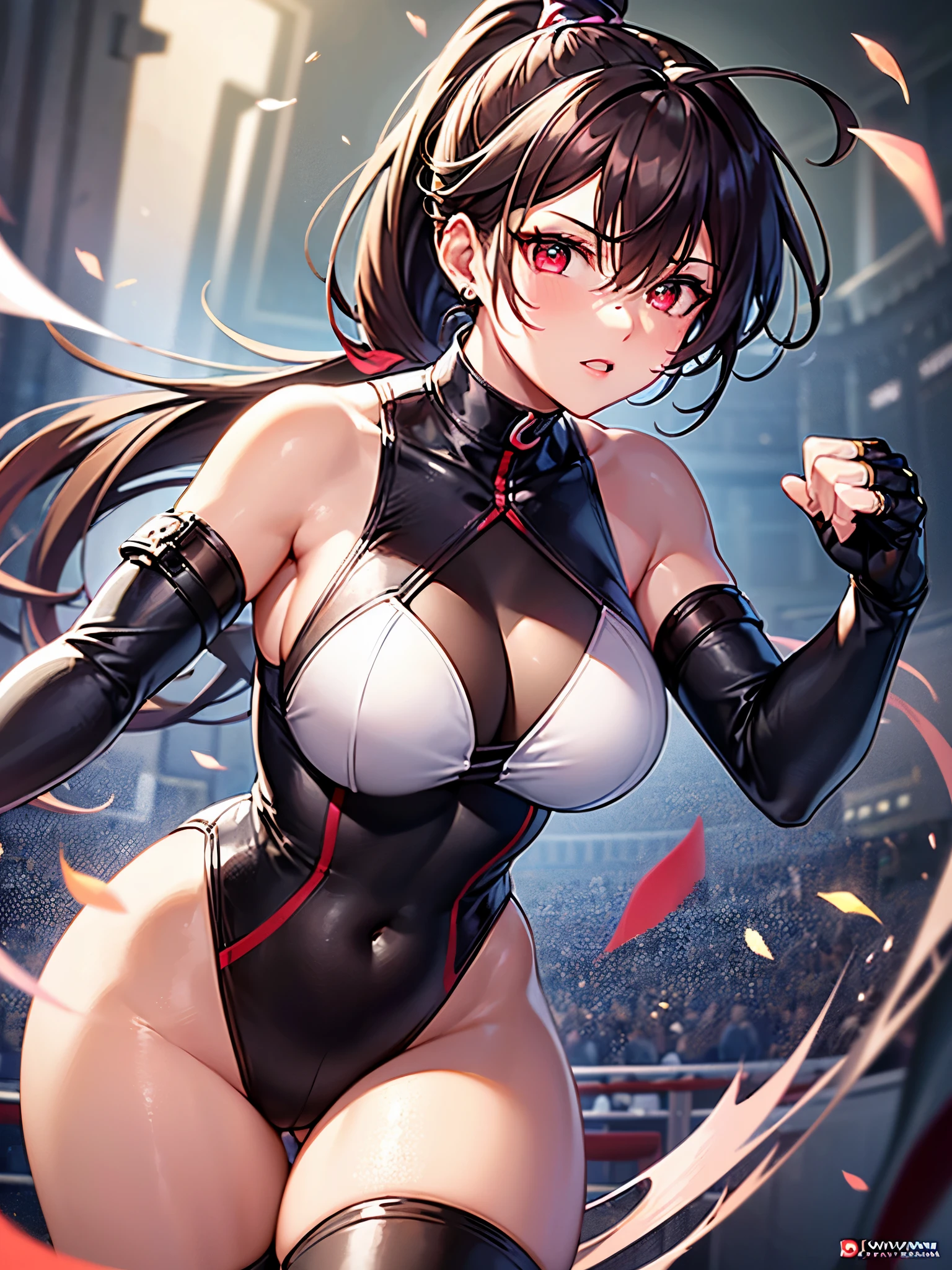 ((highest quality)),(ultra high resolution),(Super detailed),(detailed description),((best CG)),(best work of art),super precision art,great drawing art,(Works with precise details:1.5), (1 female fighter:1.6),(beautiful and well-shaped face:1.5),(Detailed vermilion ponytail:1.6),(Bodysuit with a fit:1.5),Laced boots:1.4,(Leather gloves:1.5),(Red eyes filled with fighting spirit:1.4), ((arena:1.8)),Dust:1.5