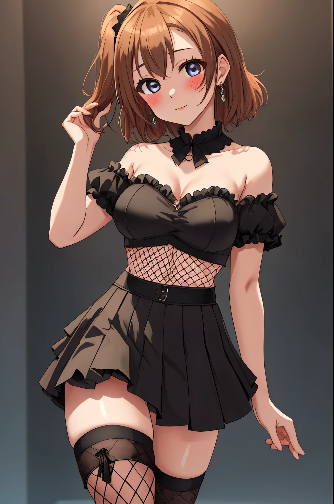 Masterpiece, best quality,Kousaka honoka, strapless black crop top, micro skirt, fishnet thighhighs,big breasts, standing , Blushing ,cowboy shot , jewelry ,hand on hip , gothic 