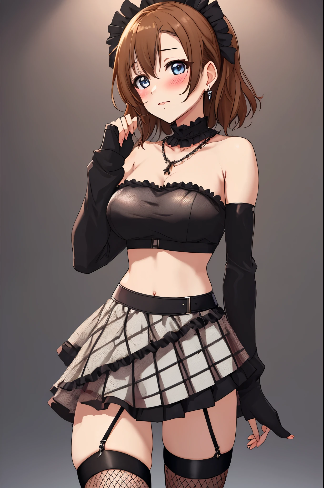Masterpiece, best quality,Kousaka honoka, strapless black crop top, micro skirt, fishnet thighhighs,big breasts, standing , Blushing ,cowboy shot , jewelry ,hand on hip , gothic 