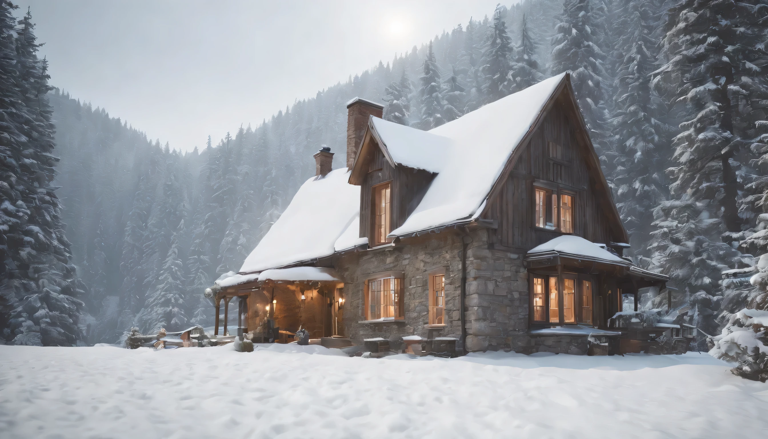 (Highly detailed CG Unity 8K wallpaper、masterpiece、highest quality、Super detailed)、(best lighting、best shadow、very delicate and beautiful)、highest quality、8K、Detailed facial depiction、masterpiece、highest quality、clear image quality、Photo of a small house buried in snow and the surrounding snowy landscape