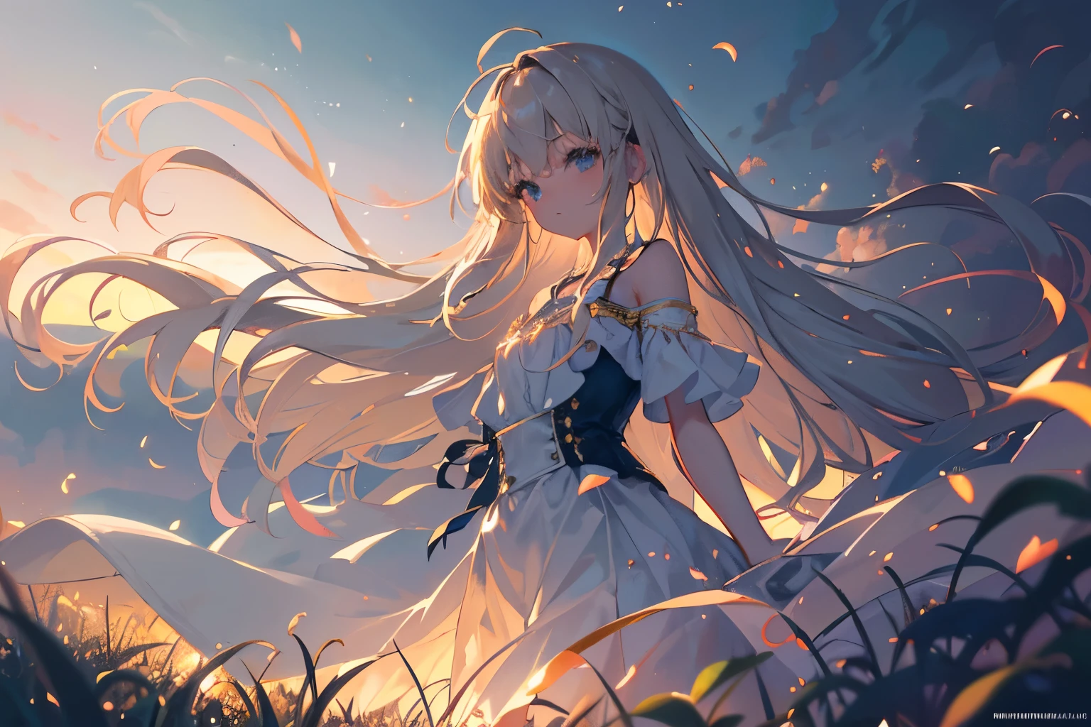 Create a high-quality illustration of a nostalgic girl slowly descending through the sky, ensuring an overall sense of nostalgia and fantasy with meticulous attention to detail. Picture the scene with the girl gracefully floating amidst fluffy clouds tinted with the warm hues of sunset, her dress billowing gently in the breeze. Capture the ethereal atmosphere of the sky, with soft rays of sunlight casting a golden glow and creating a dreamlike ambiance. Depict the girl with a serene expression, her hair flowing softly around her, as she descends with a sense of wonder and tranquility. Pay close attention to the fine details of the girl's features and attire, as well as the intricate textures of the clouds and the subtle play of light and shadow. Aim for a composition that transports the viewer into a world of enchantment and nostalgia, where the boundaries between reality and imagination blur, best quality, masterpiece