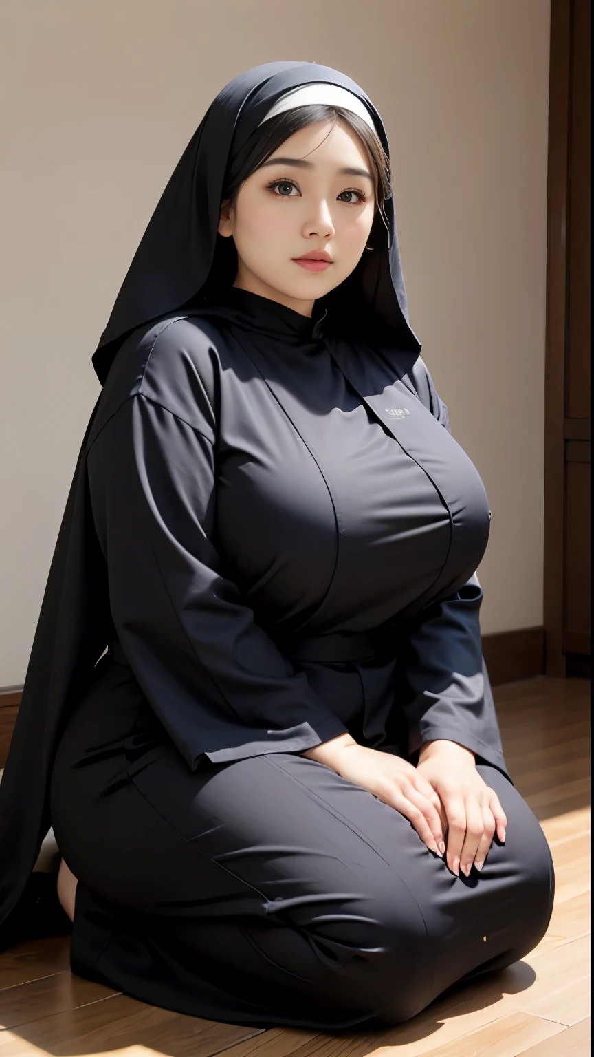 there is a woman kneeling down with a hujab, bbwchan, thicc, hijab outfit, nun fashion model, korean girl, korean woman, wearing black robe, full length shot, alluring plus sized model, japanese goddess, clothed in hooded, voluptuous and arousing, portrait shot, curvy model, voluptuous body, wonderful, nene tanaka body , bbwchan 