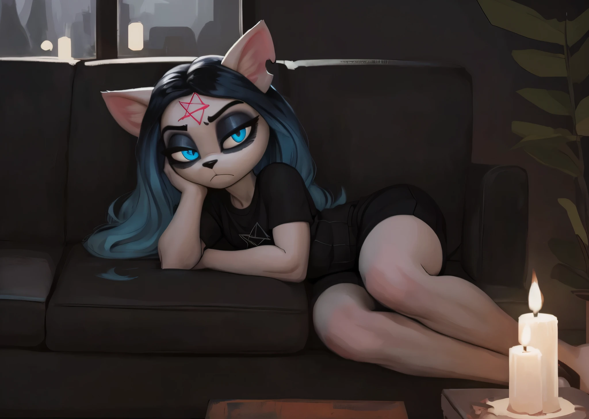 [Claire], [the summoning], [Uploaded to e621.net; (Pixelsketcher), (wamudraws)], ((masterpiece)), ((HD)), ((high res)), ((solo portrait)), ((full body)), ((front view)), ((feet visible)), ((furry; anthro)), ((detailed fur)), ((detailed soft shading)), ((beautiful render art)), {anthro; (slim figure), white fur, black nose, (cat ears), (cut on left ear), long blue hair, (bang over left eye), (pink pentagram on forehead), (cute blue eyes), (black pupils), (glowing eyes), (half-closed eyes), (short eyelashes), (indigo eyeshadow), (curvy hips), (beautiful legs), (cute frown), (bored expression)}, {(black tee shirt), (blue lounge shorts)}, {(laying on couch), (laying on side), (looking at viewer)}, [background; (living room), (window), (woods), (nighttime), (ambient lighting)]
