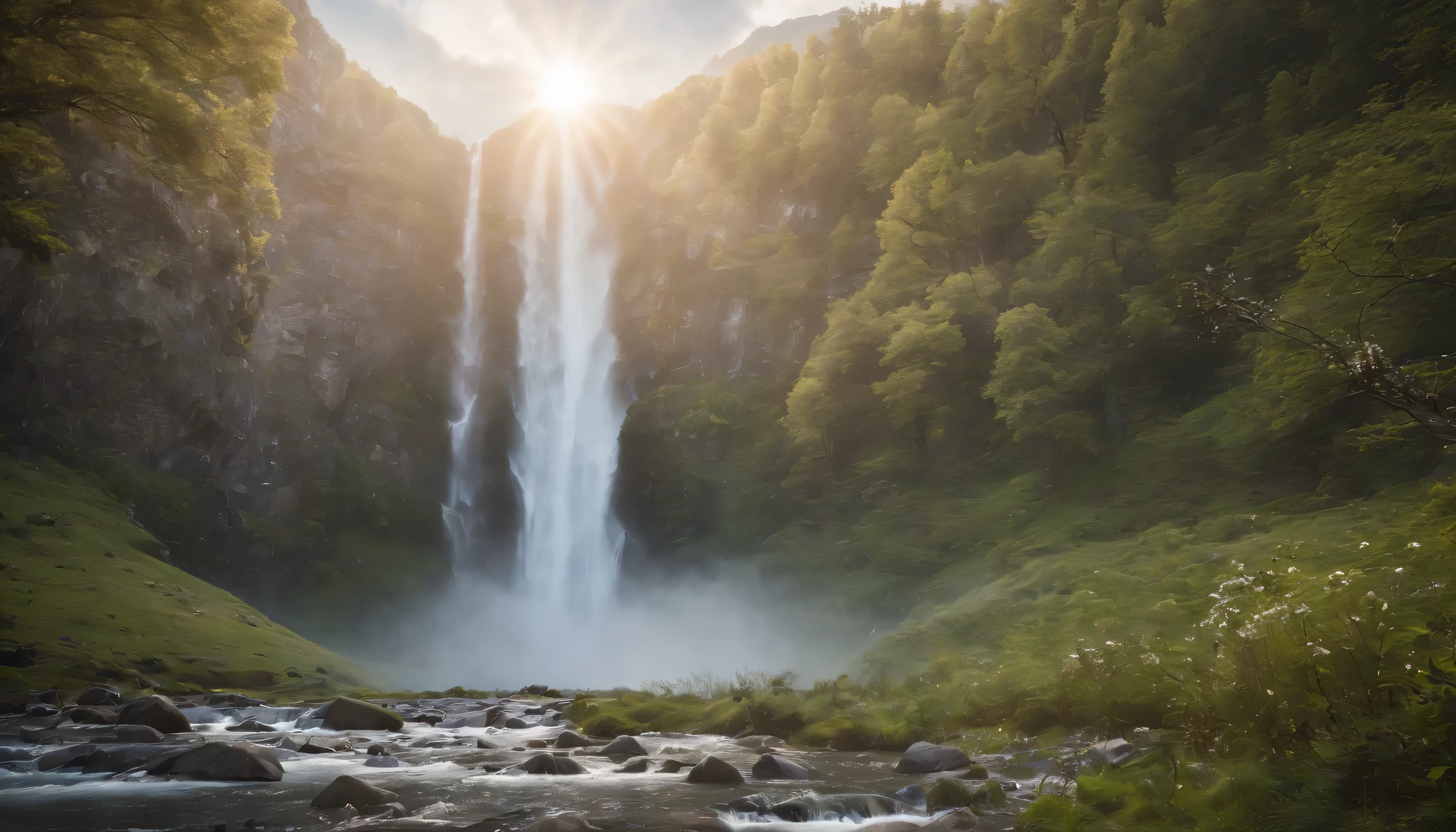 (Highly detailed CG Unity 8K wallpaper、masterpiece、highest quality、Super detailed)、(best lighting、best shadow、very delicate and beautiful)、highest quality、8K、Detailed facial depiction、masterpiece、highest quality、clear image quality、
Photo of a beautiful waterfall with sparkling ice crystals