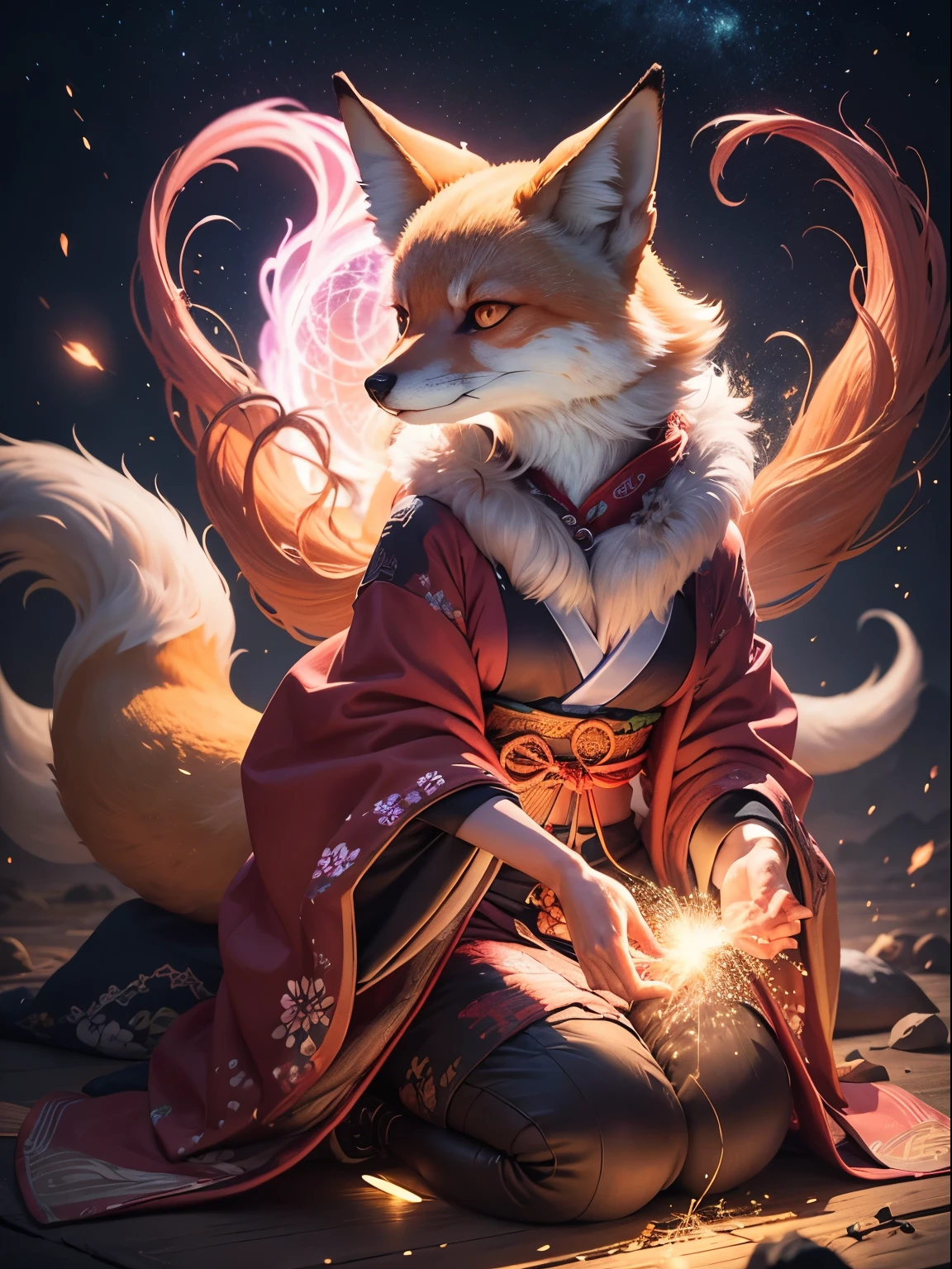 "Enchanting night scene with a Japanese featuring a captivating glowing 9-tailed mythological fox surrounded by mesmerizing particles of light, sparks and an impressive light effect. Nenhum ser humano presente."