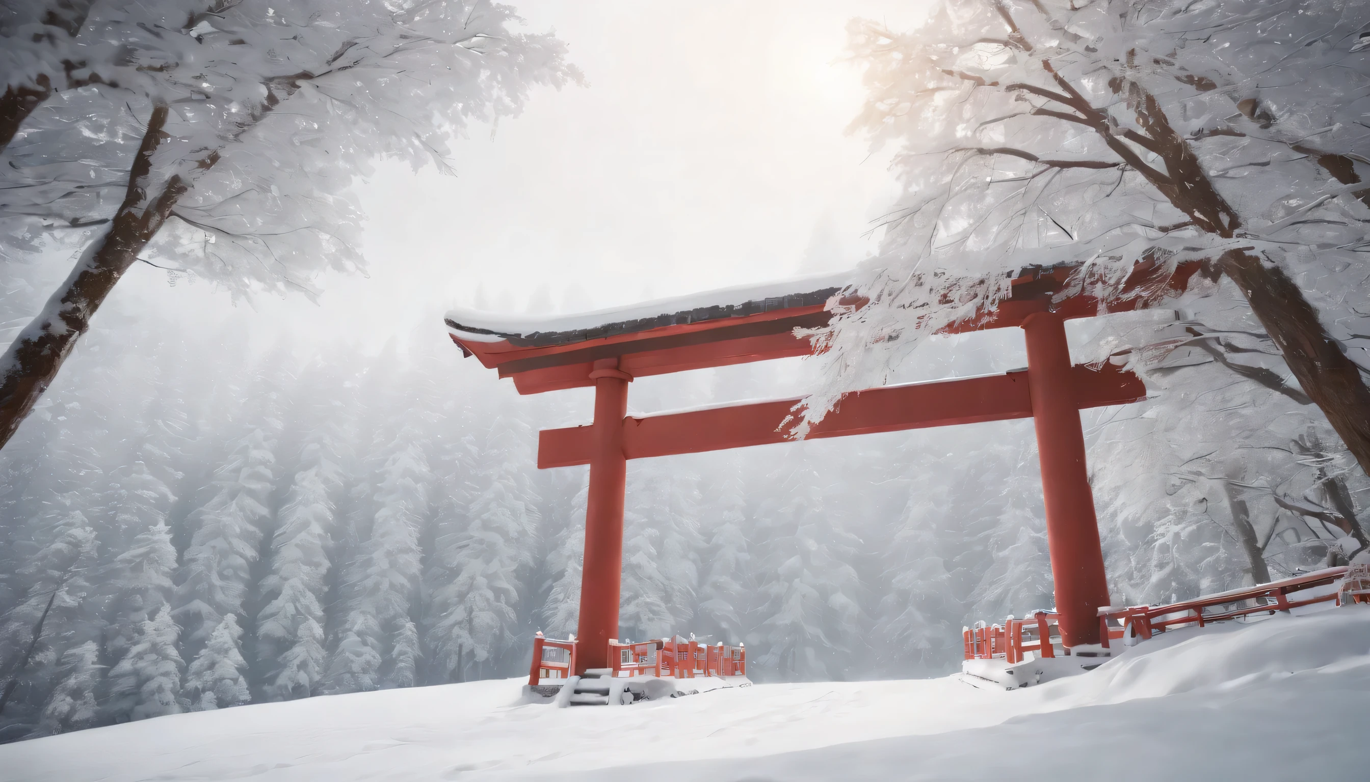 (Highly detailed CG Unity 8K wallpaper、masterpiece、highest quality、Super detailed)、(best lighting、best shadow、very delicate and beautiful)、highest quality、8K、Detailed facial depiction、masterpiece、highest quality、clear image quality、A photo of a red torii gate and a snow-capped pine tree in a silver world