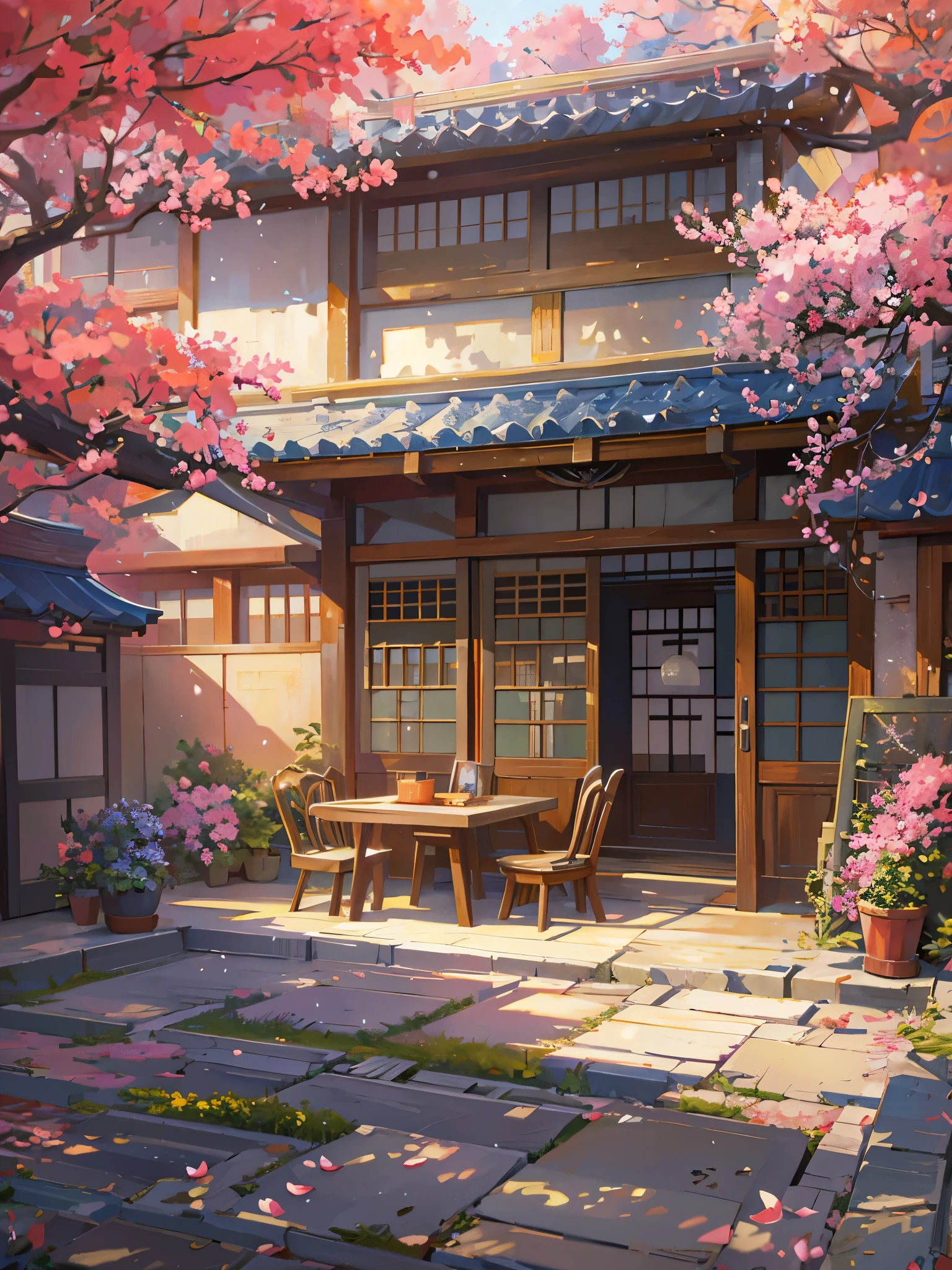painting of a courtyard with a table and chairs and a flowering tree, anime background art, japanese art style, beautiful anime scene, detailed scenery —width 672, background art, anime scenery, anime background, beautiful anime scenery, anime beautiful peace scene, scenery artwork, japanese house, by Sim Sa-jeong, japanese village, anime scenery concept art, 8k))