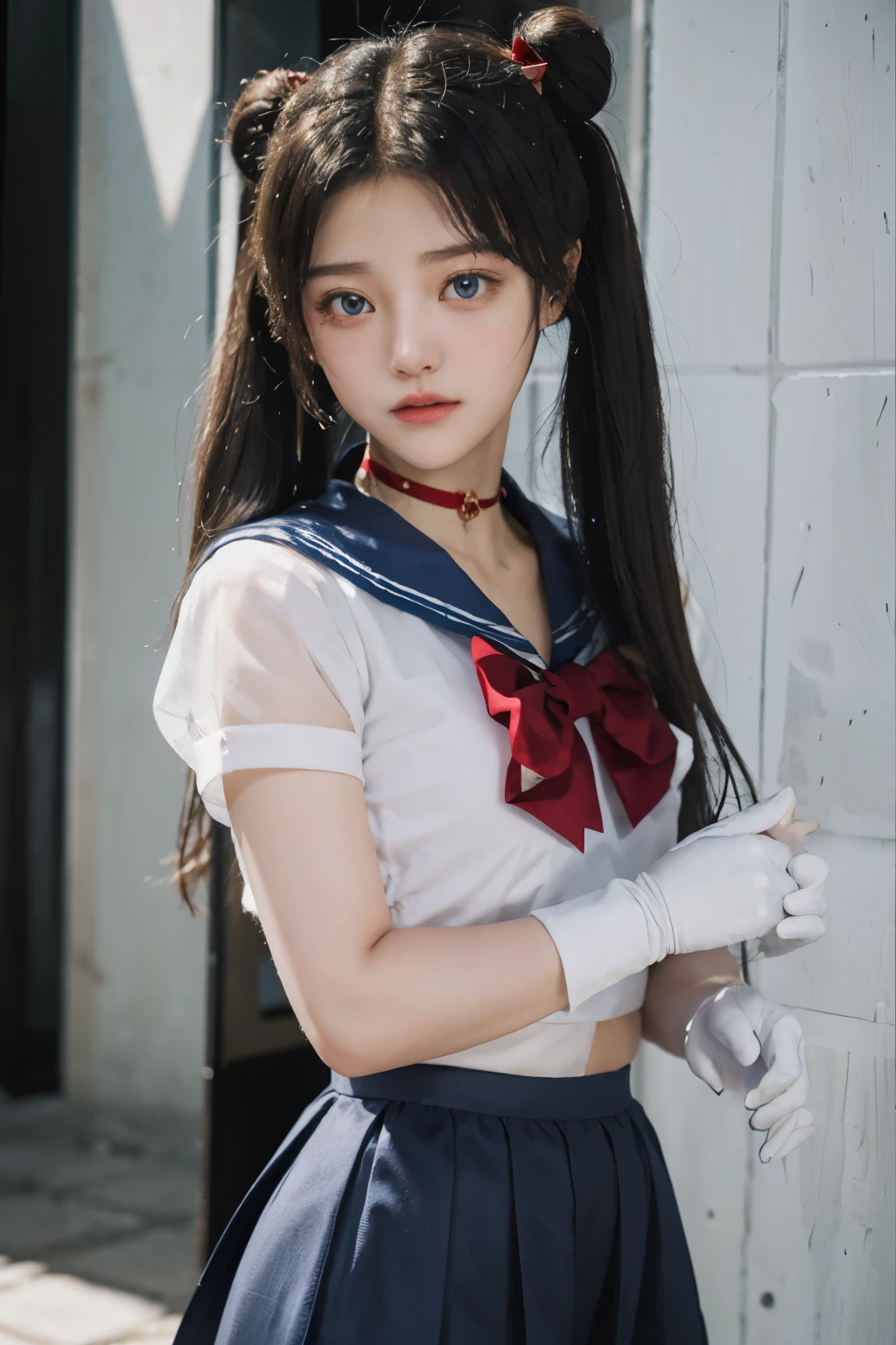 masterpiece, best quality, sailor moon,1girl, long hair,jewelry, sailor senshi uniform, blue sailor collar,blonde hair, red choker,white gloves, twintails, red bow, blue skirt, blue eyes, hair bun,