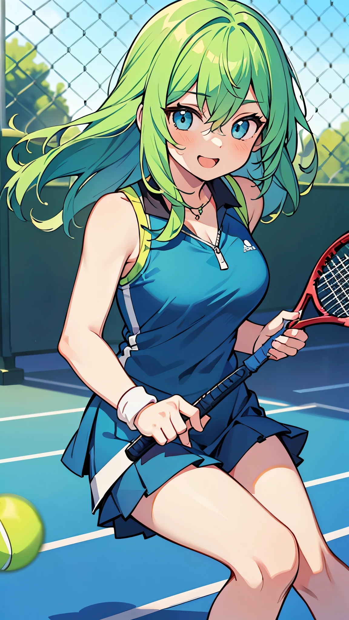 ((A Pretty girl with green hair and blue eyes)), ((wearing tennis wear)), with a tennis racket, , ((master piece, top-quality, ultra-definition, high resolution)), anime girl, ((ultra-detailed illust:1.2)), only one person, bangs, hair between eye, beautiful hair, Shiny eyes, Medium breasts, Big smile, opened mouth, on the tennis court, tennis balls