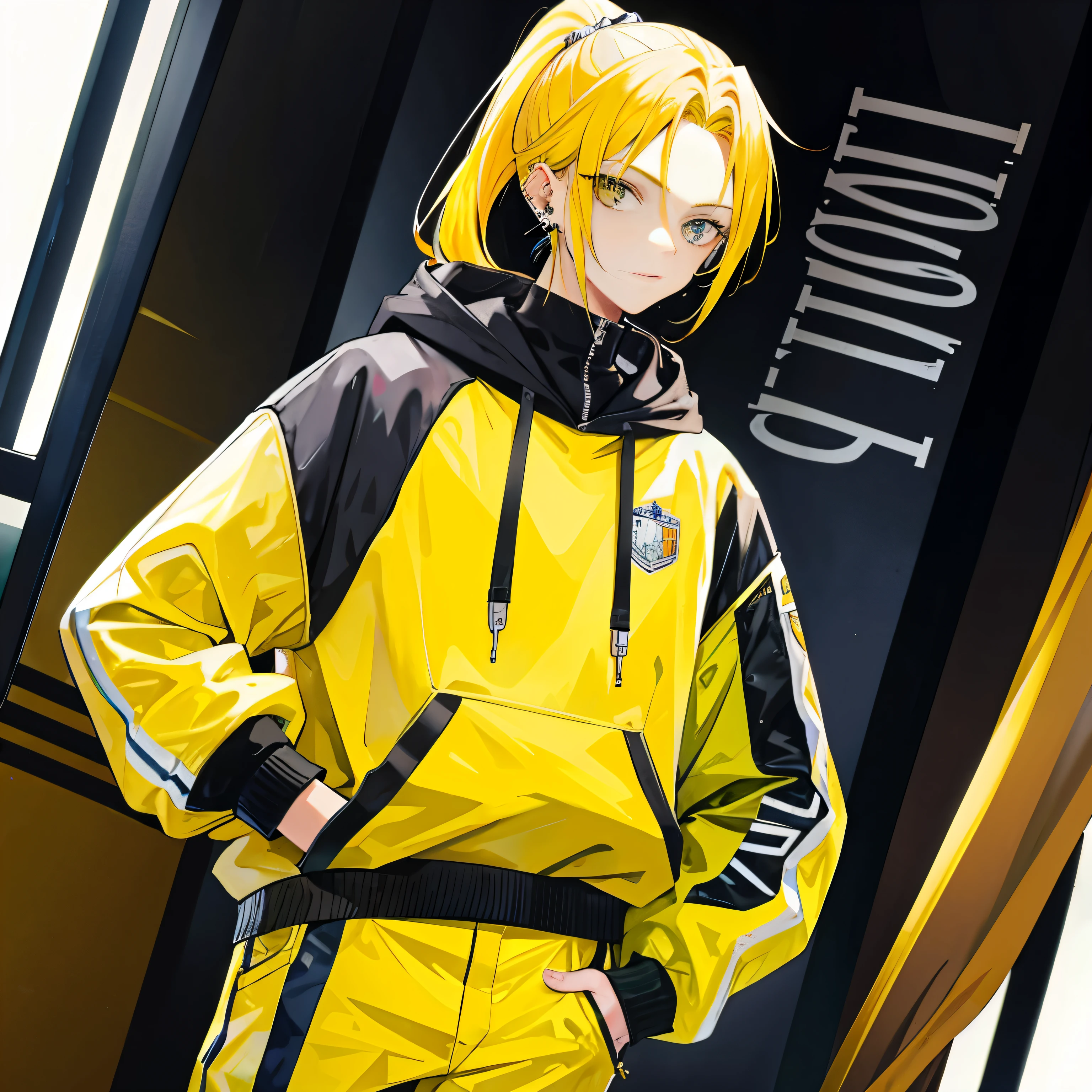 A man,Handsome,Ponytail Yellow Hair, ((Ear Piercing)), Race Circuit,Sateen,Gangster, Hoodie,Put your hands in your pockets
