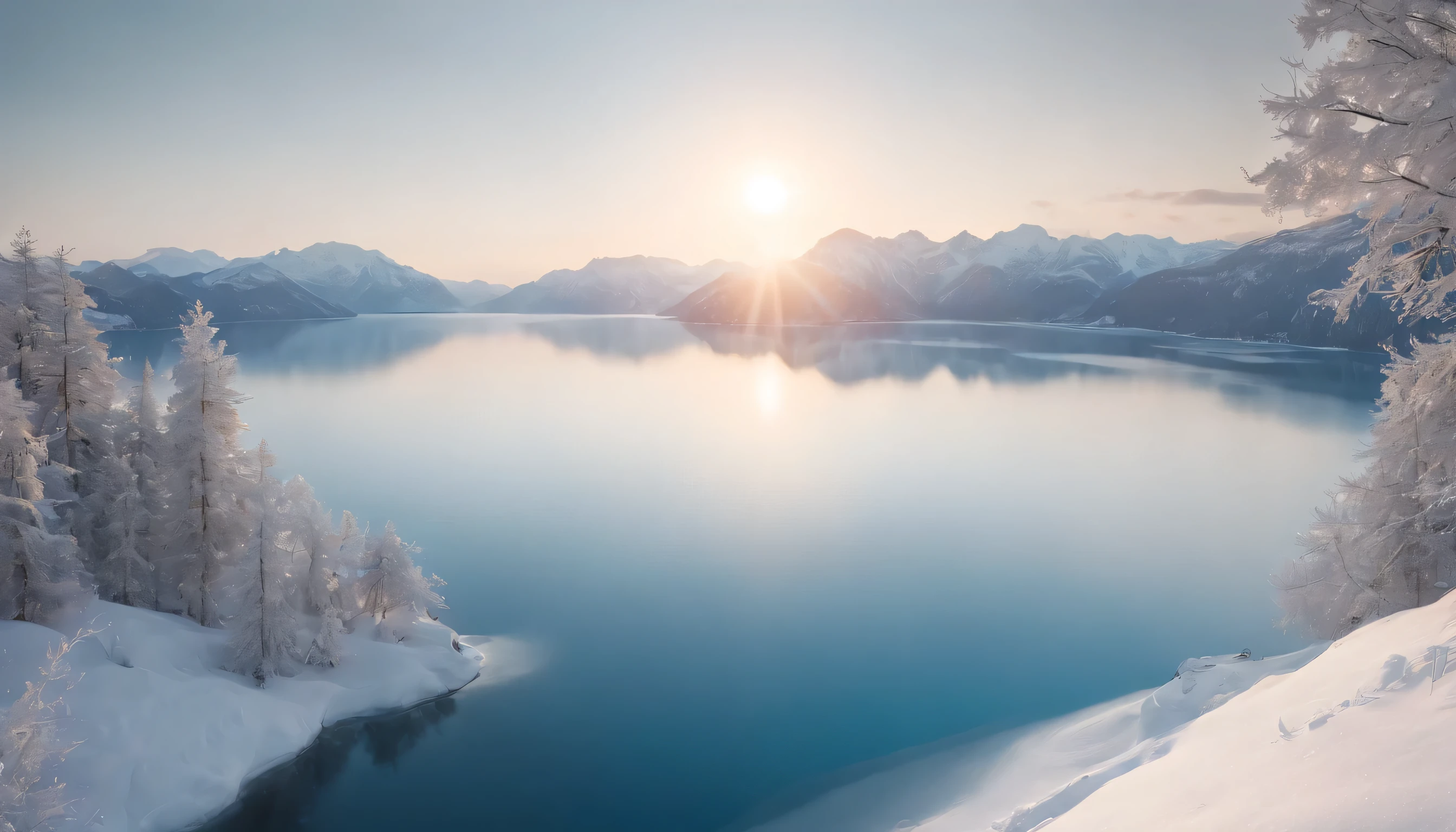 (Highly detailed CG Unity 8K wallpaper、masterpiece、highest quality、Super detailed)、(best lighting、best shadow、very delicate and beautiful)、highest quality、8K、Detailed facial depiction、masterpiece、highest quality、clear image quality、Snowy scenery and surrounding mountains reflected on the deep blue lake surface々々Photo of