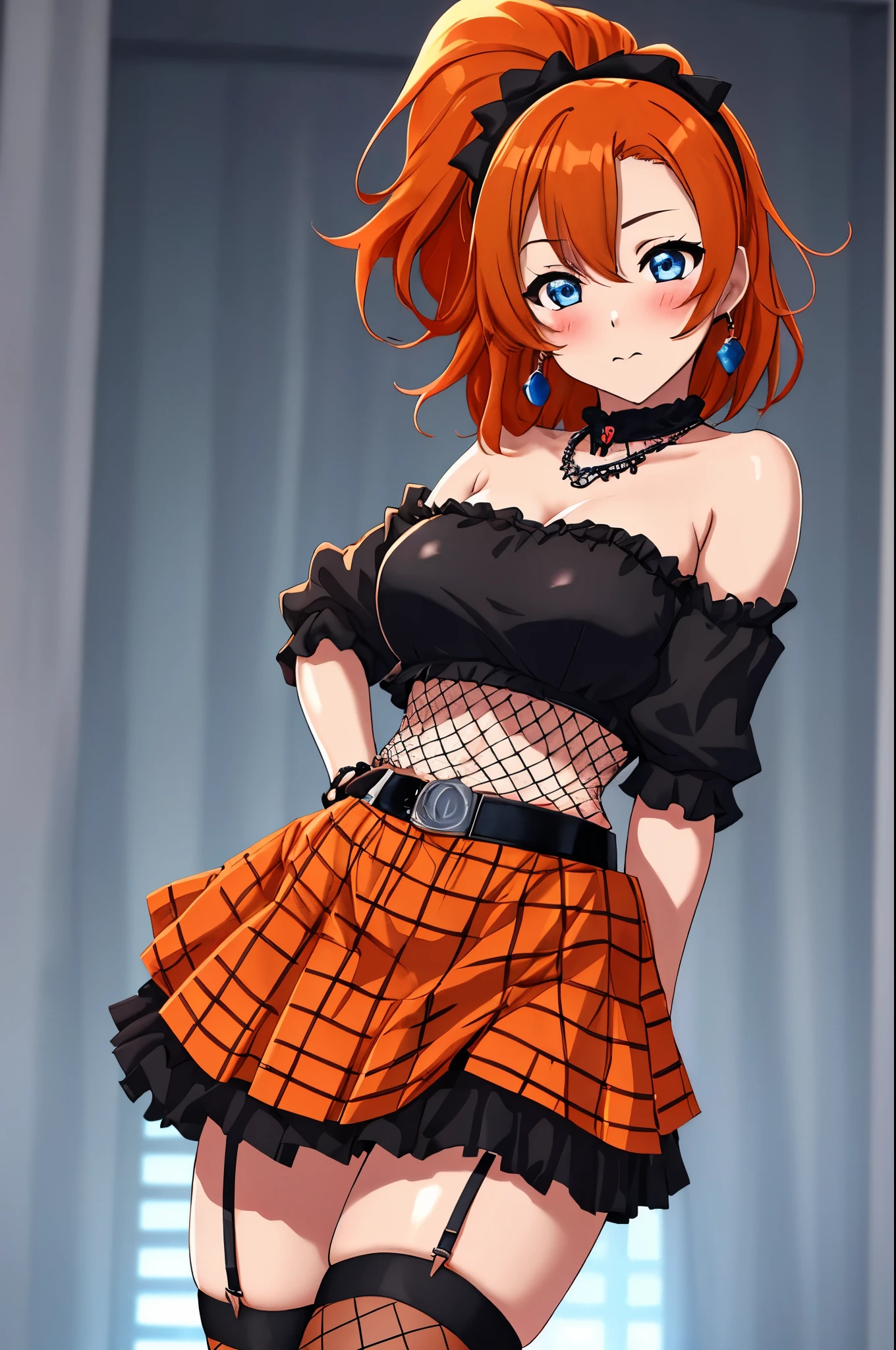 Masterpiece, best quality,Kousaka honoka, strapless black crop top, micro skirt, fishnet thighhighs,big breasts, standing , Blushing ,cowboy shot , jewelry ,hand on hip , gothic , orange hair , blue eyes 