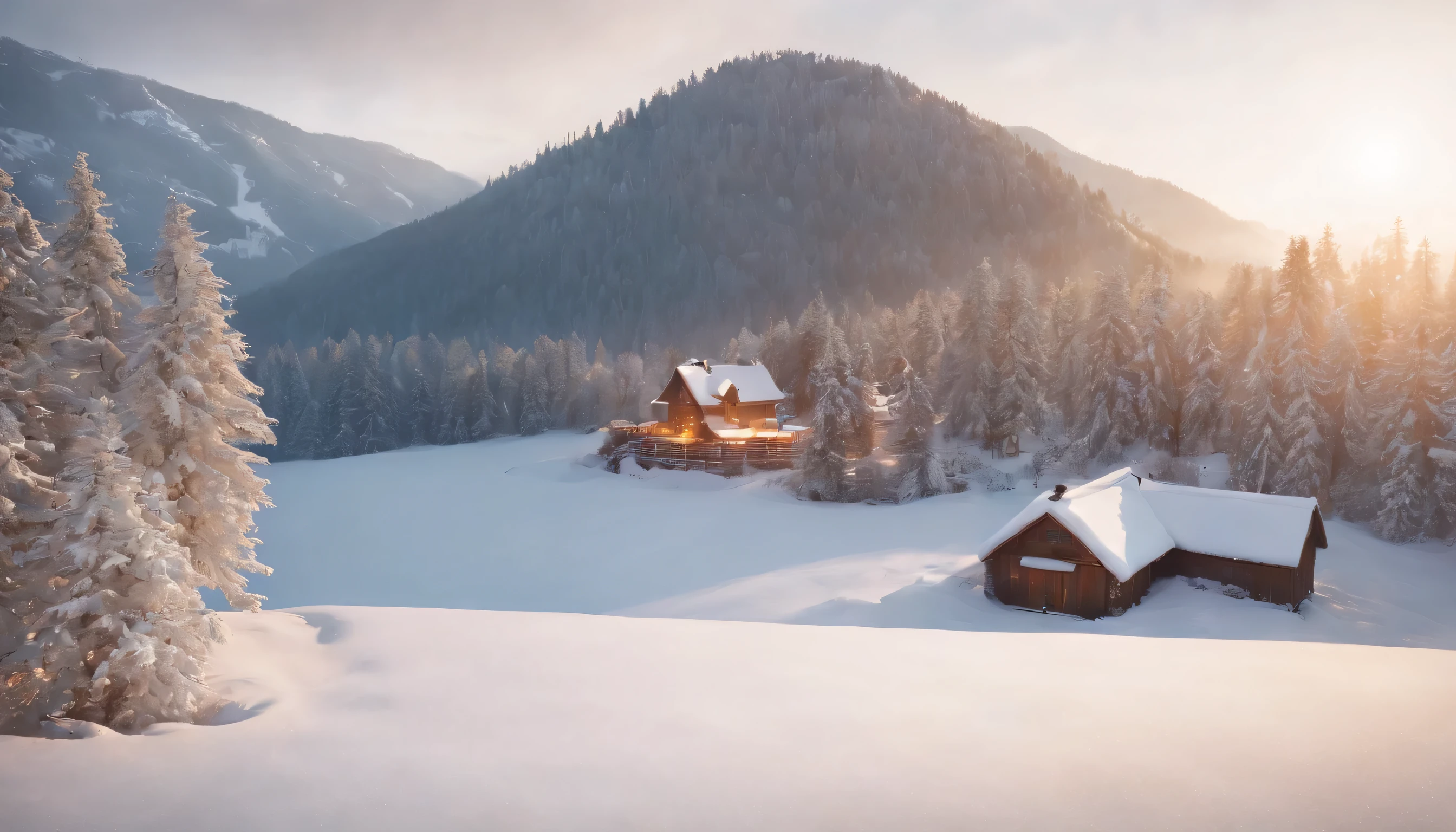(Highly detailed CG Unity 8K wallpaper、masterpiece、highest quality、Super detailed)、(best lighting、best shadow、very delicate and beautiful)、highest quality、8K、Detailed facial depiction、masterpiece、highest quality、clear image quality、
A photo of the moment when the rural landscape painted in the snow shines beautifully in the sunset