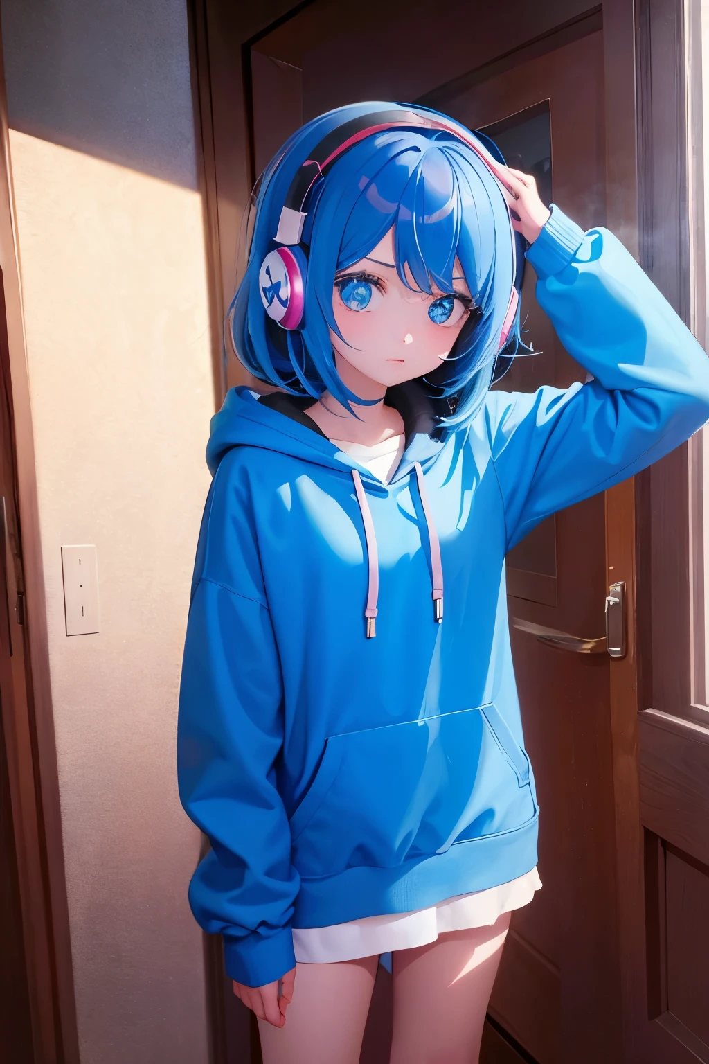 masterpiece,1 girl,6 ,alone,bob hair,light blue hair,hoodie:1.2, universe,Put on headphones