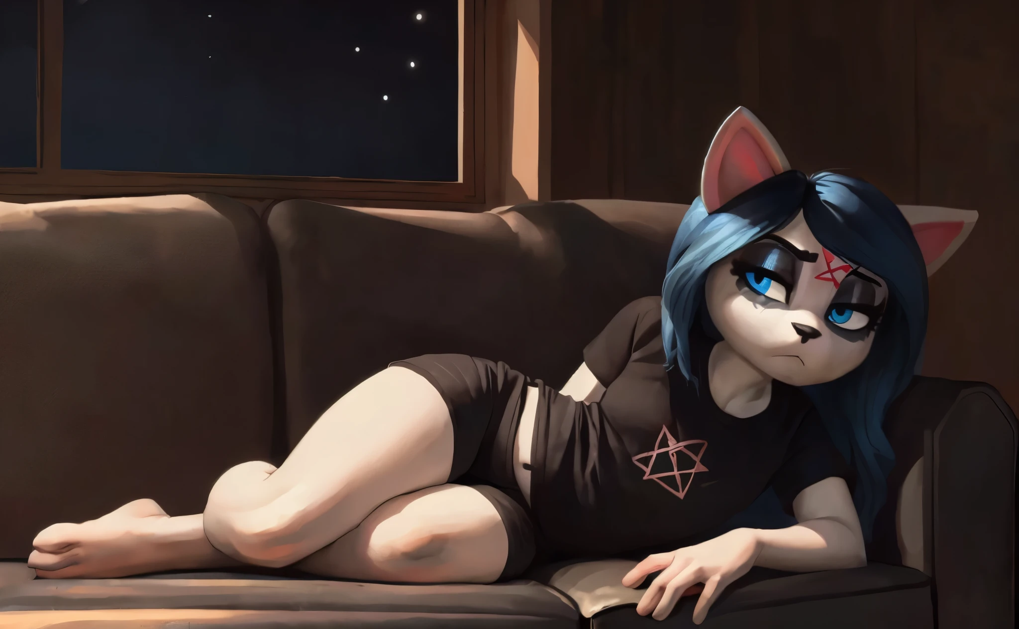 [Claire], [the summoning], [Uploaded to e621.net; (Pixelsketcher), (wamudraws)], ((masterpiece)), ((HD)), ((high res)), ((solo portrait)), ((full body)), ((front view)), ((feet visible)), ((furry; anthro)), ((detailed fur)), ((detailed soft shading)), ((beautiful render art)), {anthro; (slim figure), white fur, black nose, (cat ears), (cut on left ear), long blue hair, (bang over left eye), (pink pentagram on forehead), (cute blue eyes), (black pupils), (half-closed eyes), (short eyelashes), (indigo eyeshadow), (curvy hips), (beautiful legs), (beautiful feet), (beautiful toes), (cute frown), (bored expression)}, {(black tee shirt), (navel), (blue lounge shorts)}, {(laying on couch), (laying on side), (looking at viewer)}, [background; (living room), (window), (woods), (nighttime), (ambient lighting)]