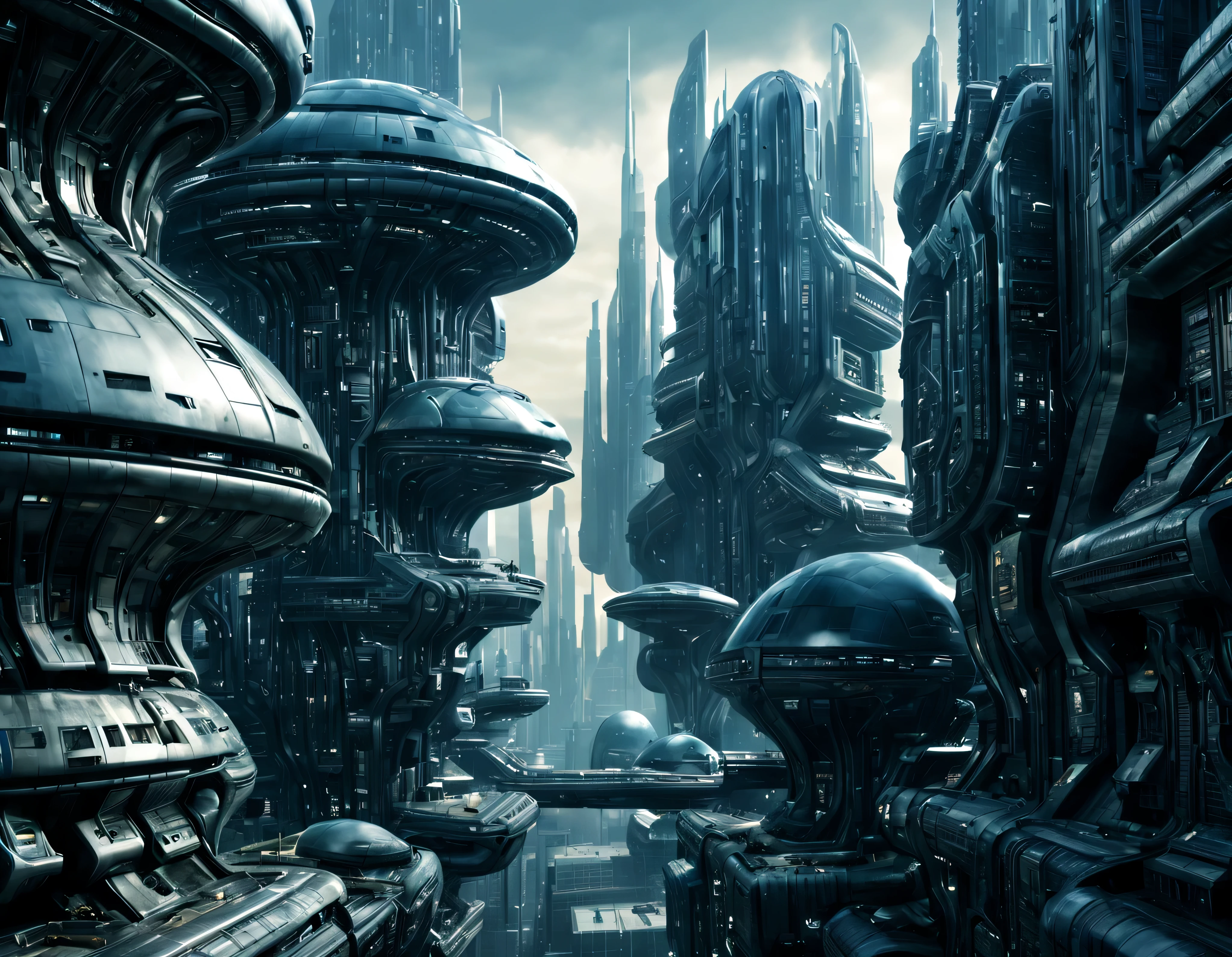 street of an extraterrestrial alien city with futuristic and technological architecture in its metal and glass conglomerado de buildings, some aliens walking around, ventanas iluminadas, all full of imagination, science fiction and (intrincados detalles de la maquina).imagen fotorrealista, Maximum sharpness, calidad 8k.(obra maestra de calidad superior). 3D.