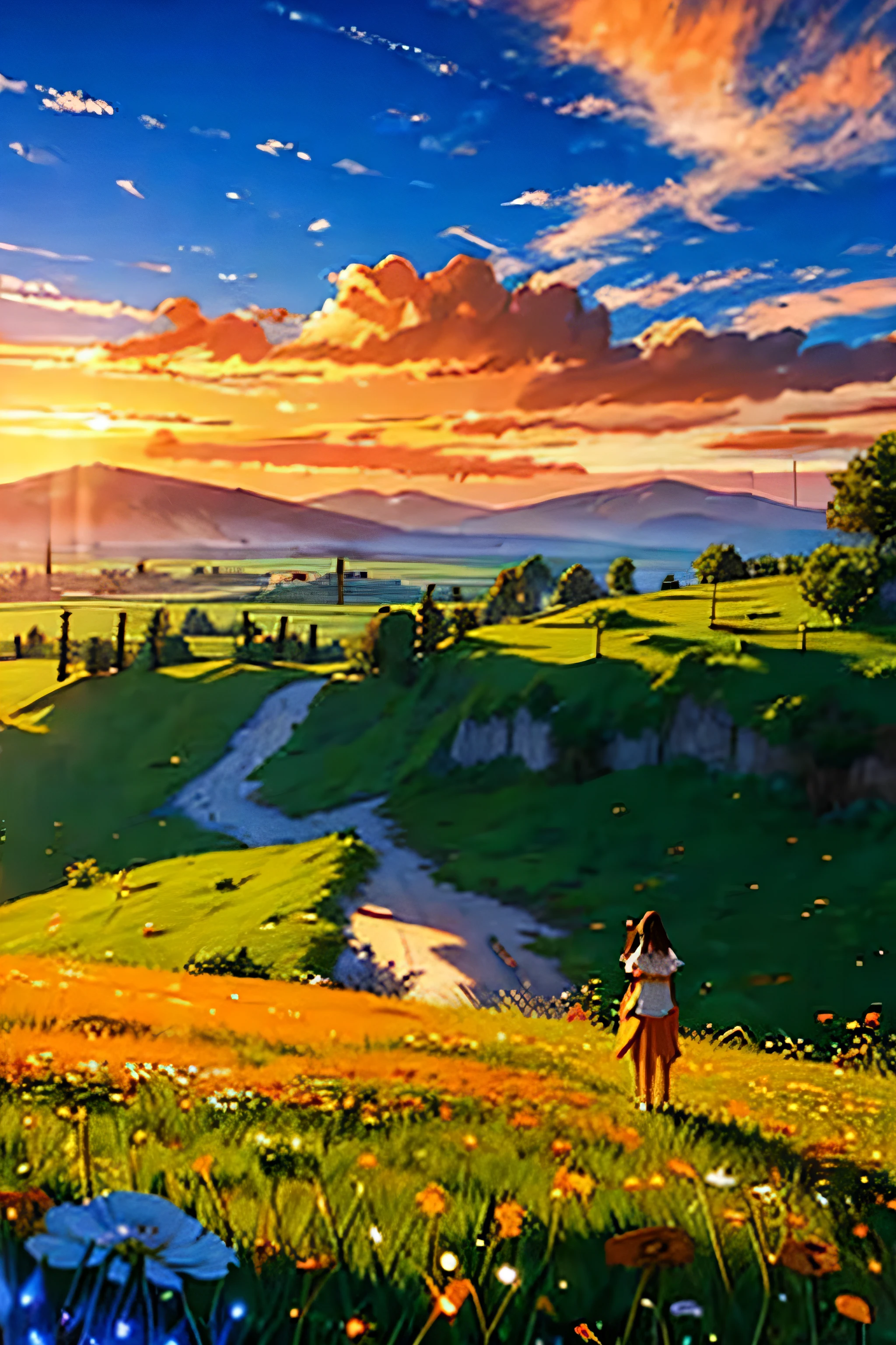 Princess Garnet wearing her classic orange and white outfit standing on a castle wall, POV shot over her shoulder, in the distance are wide green plains and fields. Flowers and agriculture are visible on the distant green fields. Far far in the distance are large snow topped mountains. The sky is clear blue with a few scattered clouds.