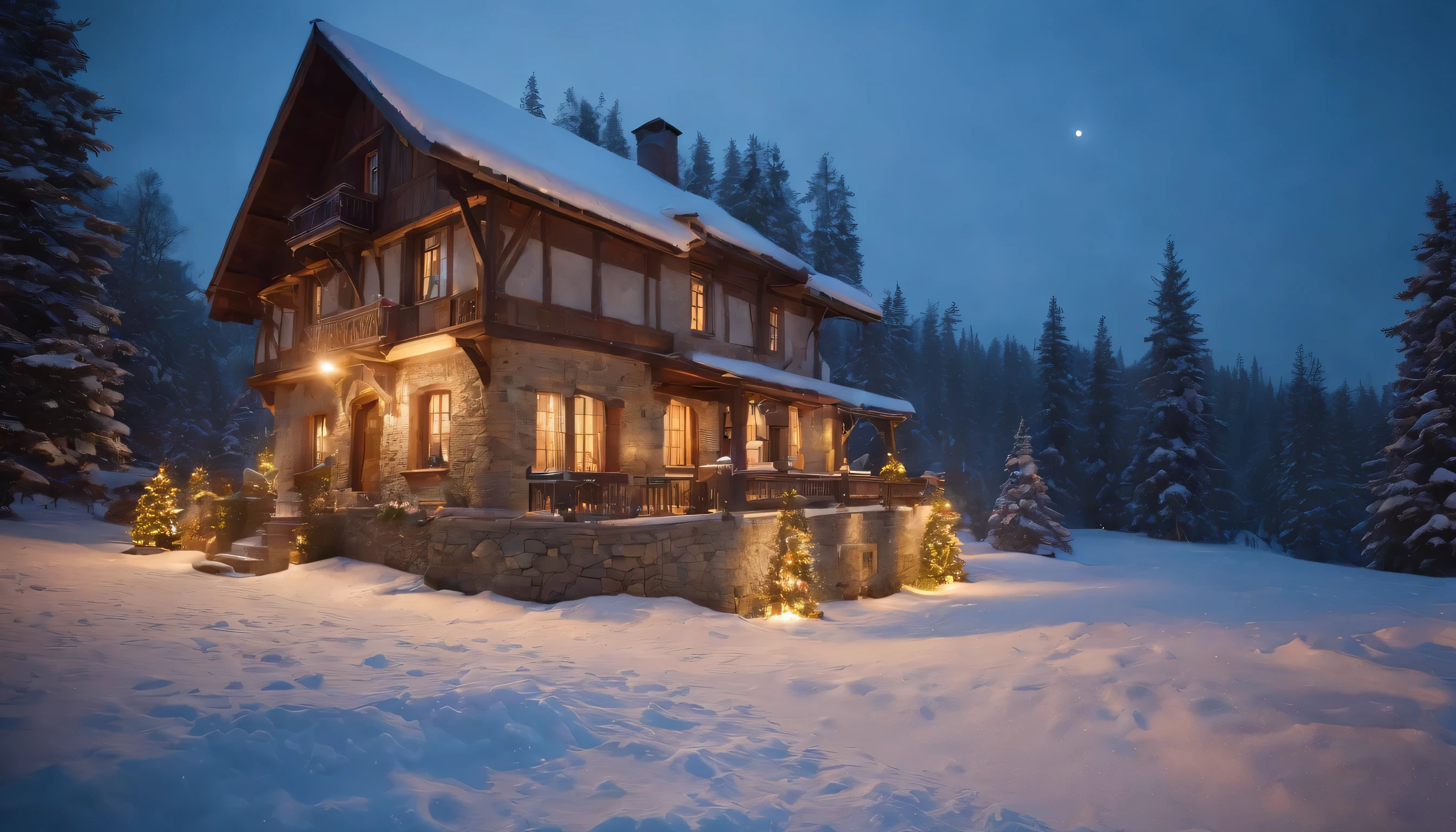 (Highly detailed CG Unity 8K wallpaper、masterpiece、highest quality、Super detailed)、(best lighting、best shadow、very delicate and beautiful)、highest quality、8K、Detailed facial depiction、masterpiece、highest quality、clear image quality、A photo of a night view where the warm light of the cottage stands out against the snowy landscape