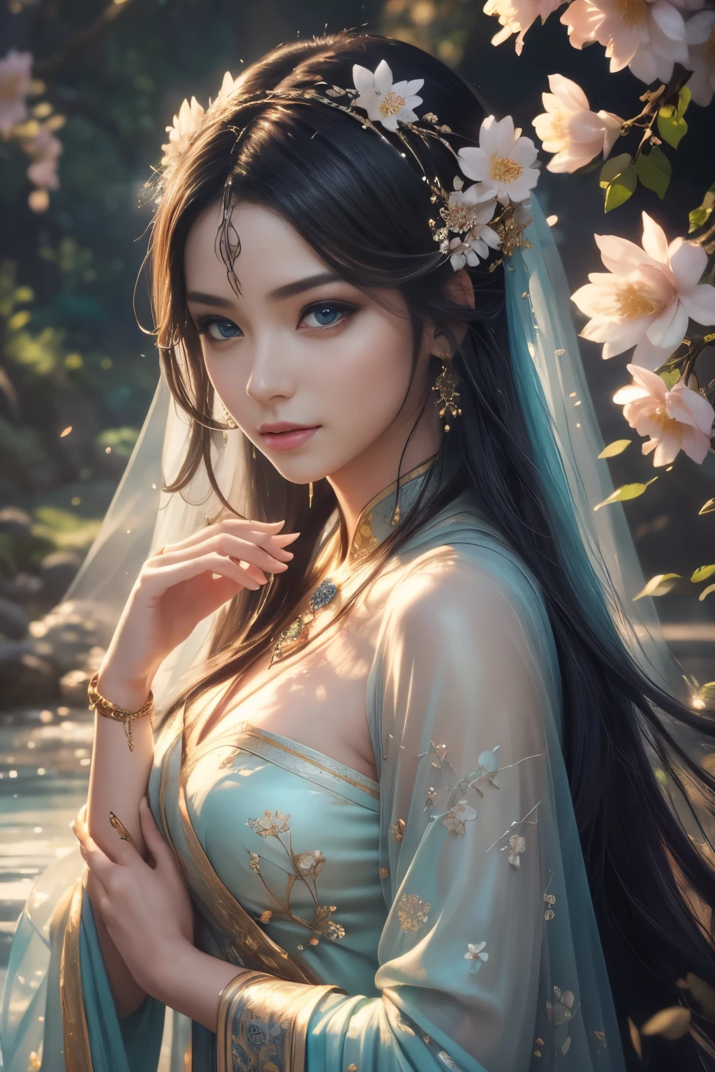 Absolute beauty, Jade Beauty, Face of the Goddess, Heroine Xianxia, Lots of silk, (Best Quality,4k,8K,hight resolution,Masterpiece:1.2),Ultra-detailed,(Realistic,Photorealistic,photo-realistic:1.37), HDR, UHD, studio lightning, ultra-fine painting, sharp-focus, physical based rendering, extreme detail description, Professional, Vivid colors, bokeh, portrai, landscape, Horror, the anime, Sci-Fi, photografic, Concept Artists, bright colours, soft pastels, Gentle light, ethereal ambiance, Tranquil environment, flowing water, blooming flowers, Intricate Patterns, intricate hairstyle, Delicate jewelry, flowing clothes, Elegant posture, serene expression, radiant & Glowy skin, Long and delicate limbs, Mesmerizing eyes, gentle smile, fine makeup, Enchanting background, Mystical creatures, Dynamic action, Supernatural forces, Dazzling Effects.