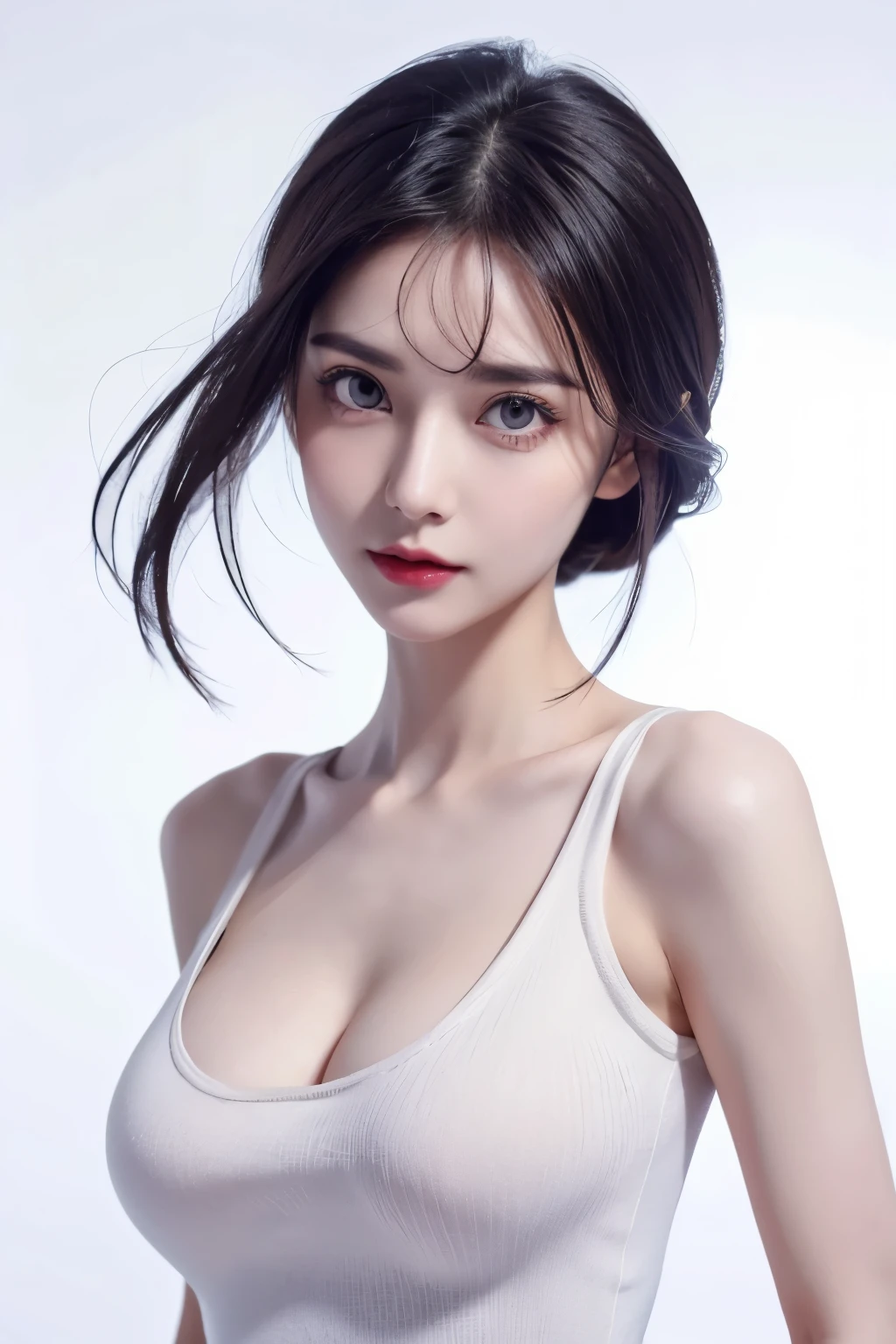 （lifelike,high resolution：1.3）， A slim girl， The face shape and eyes are super delicate,black hair,red glossy lips,(beautiful face), (best quality), (Super detailed), (Extremely detailed CG unified 8k wallpaper),((tight jumper)),(White background),(A little cleavage),(Model photo),sexy look,big eyes,(standing),(air bangs),(Slim waistline)，Eyes look at the audience,Teardrop-shaped breasts,soft breasts,very realistic breasts,The character is centered,