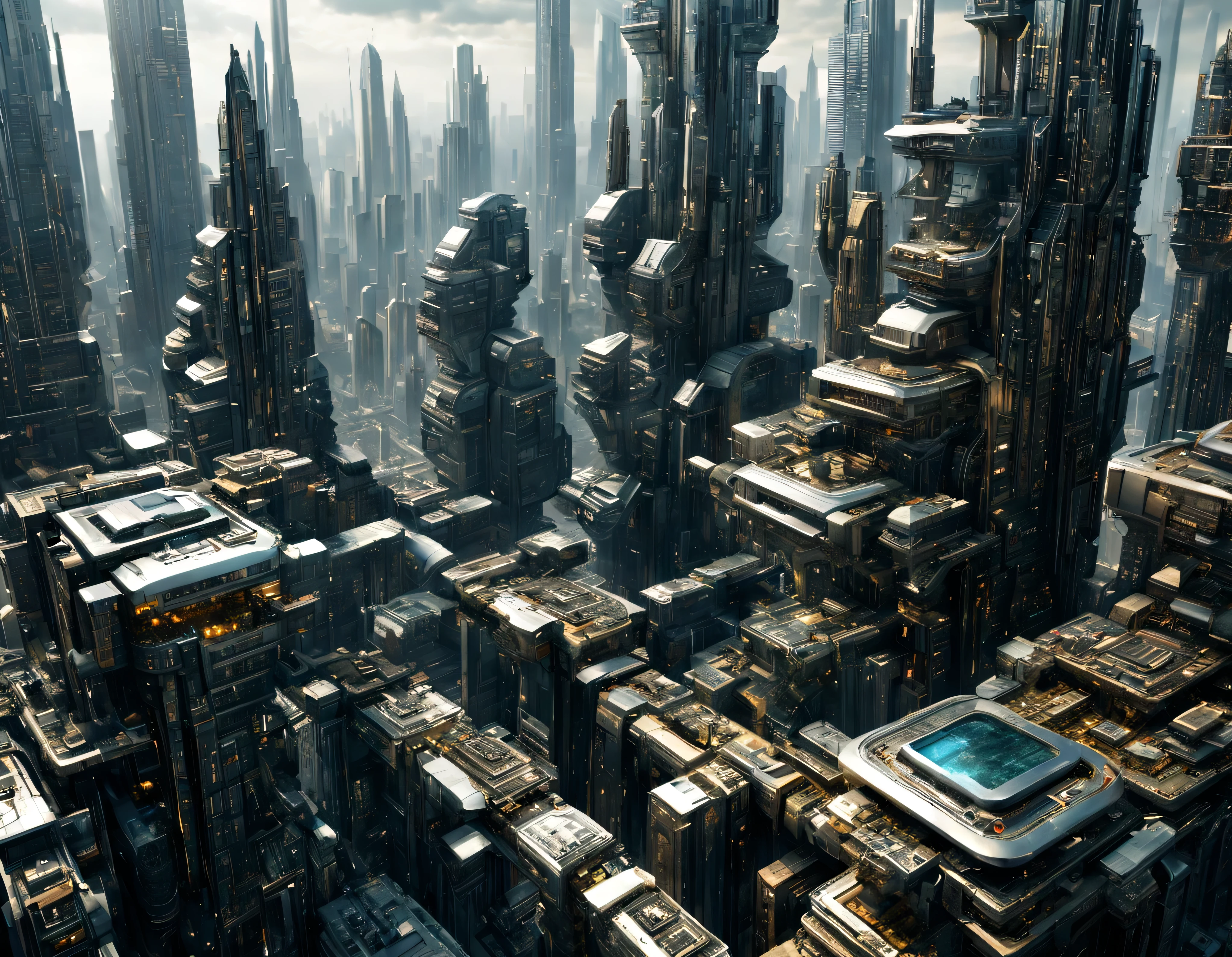 the city of megacity futuristic science fiction city as it would be in the year 3029, vista desde una terraza , with high-tech design , conglomerado de edificios de metal y cristal, highways crossing them, de una inmensidad impresionante, con el empleo de oro , silver and bronze in its construction, realmente impresionante a la vista, imagen bien definida, sharp well defined background, ((con muchos edificios juntos alrededor de una plaza)). sharp well defined 8k image. los edificios llegan alta el fondo.,8k. cinematographic image, renderizado 3d, ((obra maestra de superior calidad)).