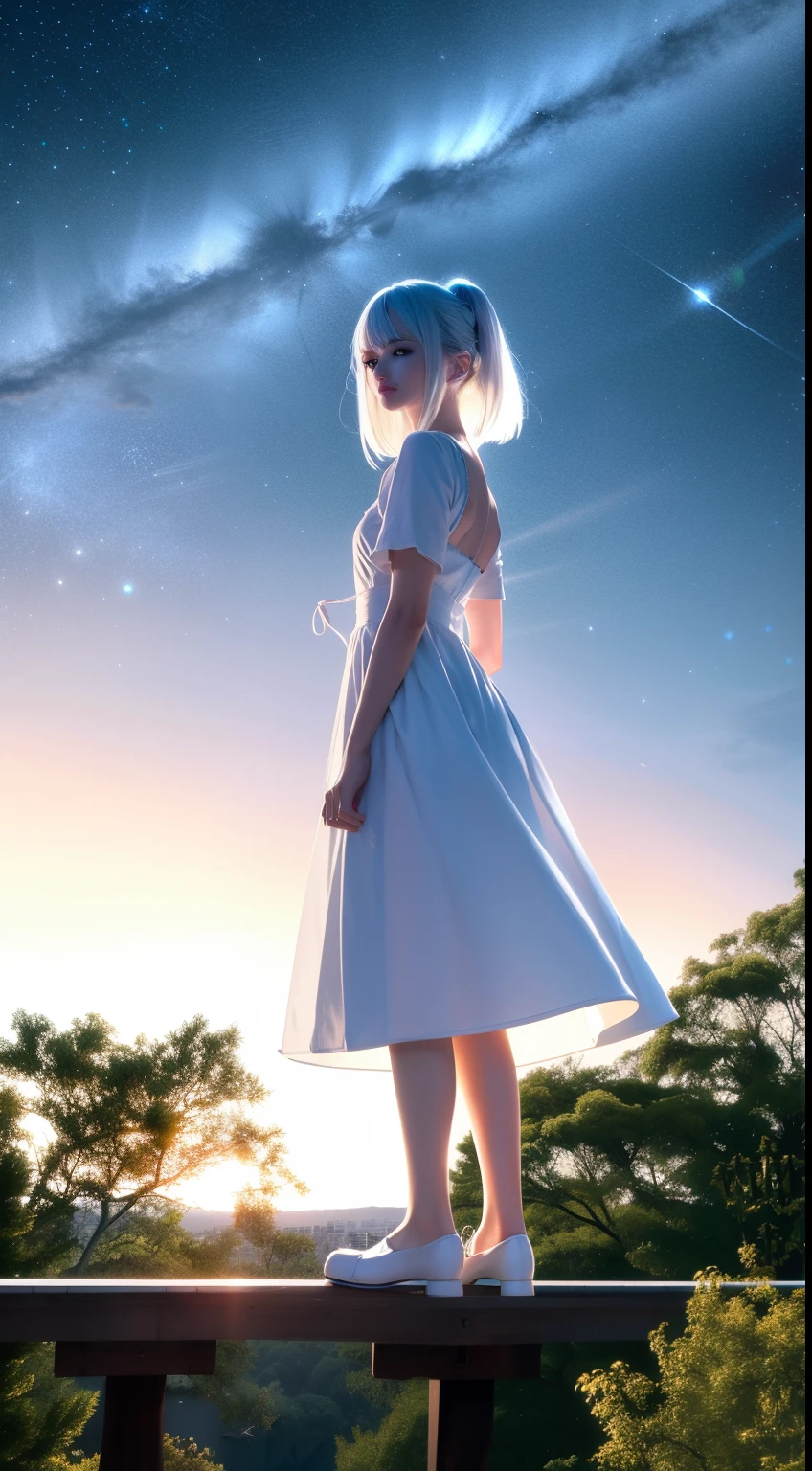 The background is a city, perfect white-haired girl,  in dress, white-haired, white-haired god, cute anime waifu in beautiful clothes, gray-haired, best anime 4k konachan wallpaper, little curve , guvez on Pixiv ArtStation, white-haired girl, nightcore, standing on a tree, looking up at the stars, face super detailed