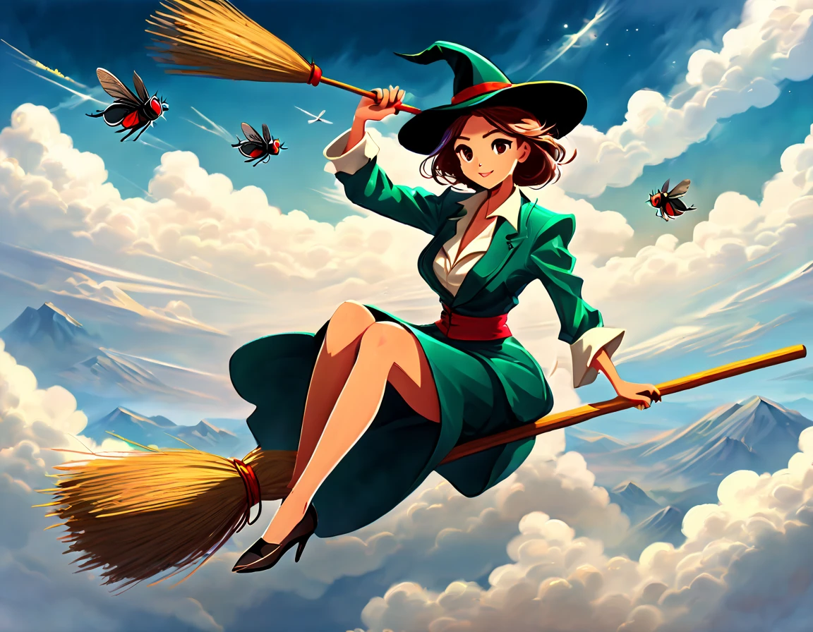 Beautiful female magician, (position sitting on a broom: 1.2), (driving a broom), (magic broom), (flying in the sky: 1.5), competition, multiple participants, shuttled through the clouds, competing fiercely, Chase, the vast sky and distant mountains,