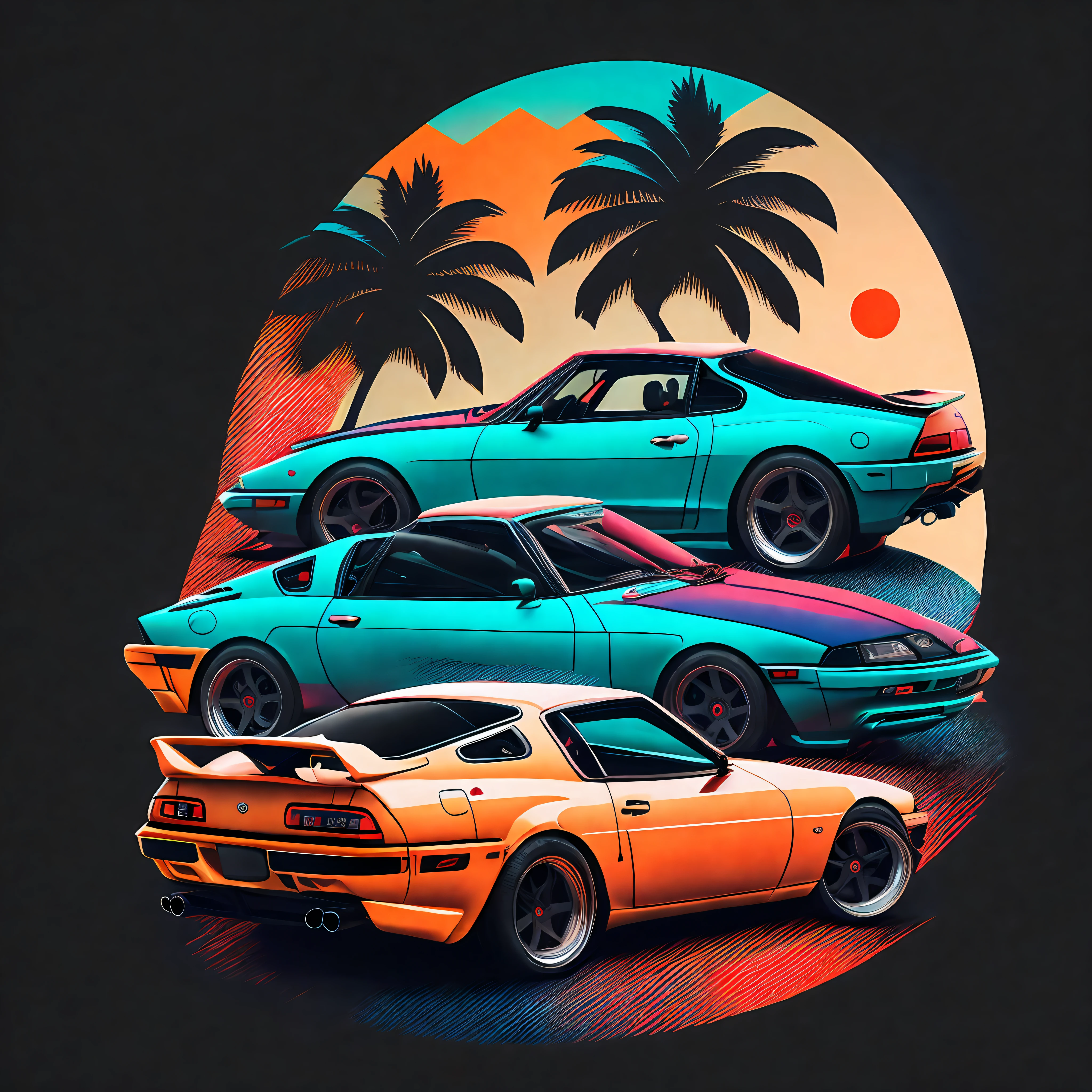 T-shirt graphic design art, a retro graphic design, Toyota Supra, rua miami, cor suave de quatro cores, tom pastel vintage, limpeza altamente detalhada, imagem vetorial, obra-prima realista, fotografia profissional, carro realista, fundo simples do nascer do sol do carro, fundo preto plano, isometric, vetor vibrante