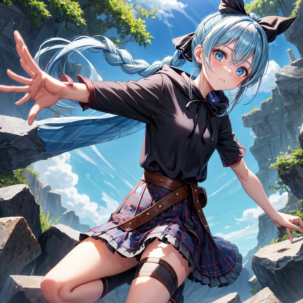 patina hair、blue eyes、Braid、ponytail、one good looking girl、solo、anime、Plaid miniskirt、camisole、black t-shirt、Tilting your face、Doing the ribbon、Ribbon at waist、Raising legs、cloak、the ground is cracked、Crystal Grotto、wearing a hood、look back、bullet