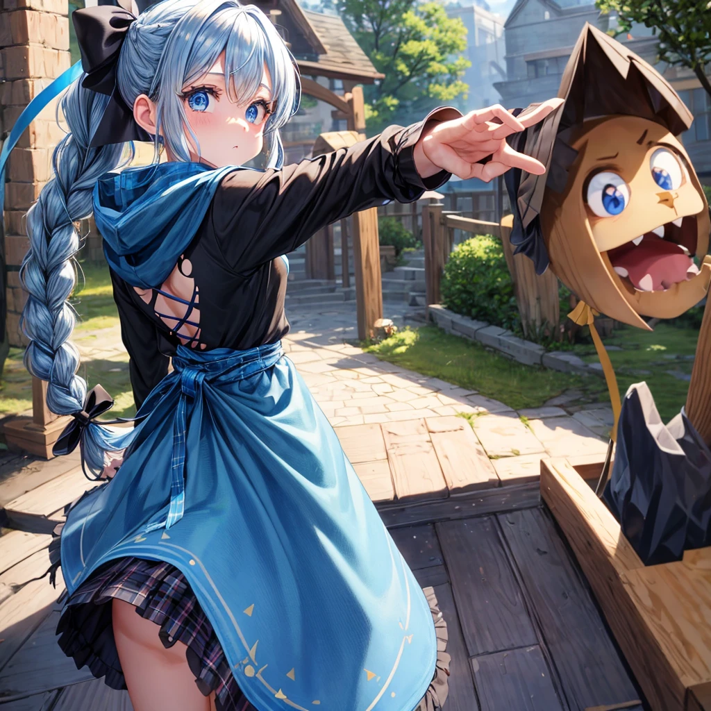 patina hair、blue eyes、Braid、ponytail、one good looking girl、solo、anime、Plaid miniskirt、camisole、black t-shirt、Tilting your face、Doing the ribbon、Ribbon at waist、Raising legs、cloak、the ground is cracked、Crystal Grotto、wearing a hood、look back、bullet