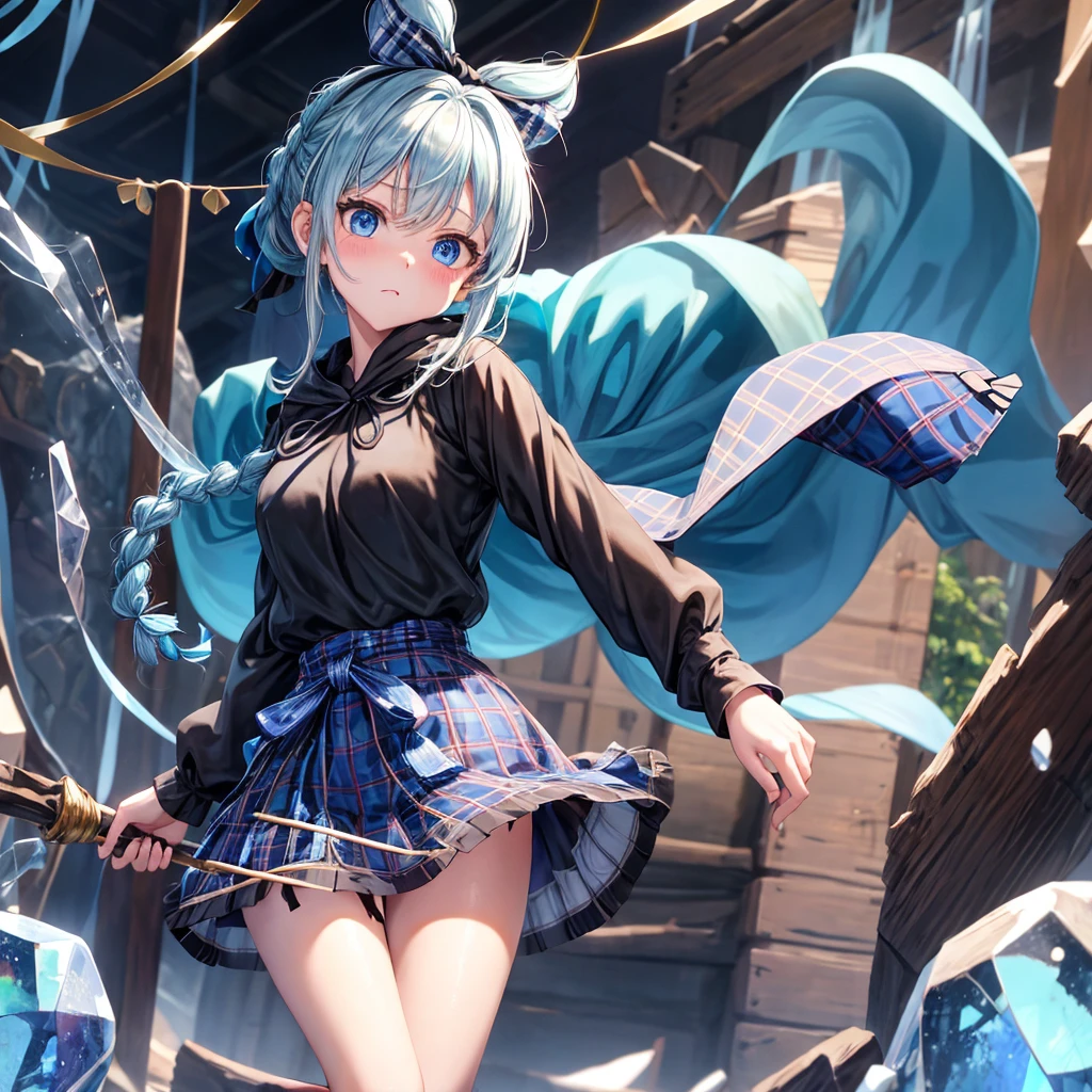 patina hair、blue eyes、Braid、ponytail、one good looking girl、solo、anime、Plaid miniskirt、camisole、black t-shirt、Tilting your face、Doing the ribbon、Ribbon at waist、Raising legs、cloak、the ground is cracked、Crystal Grotto、wearing a hood、look back、bullet