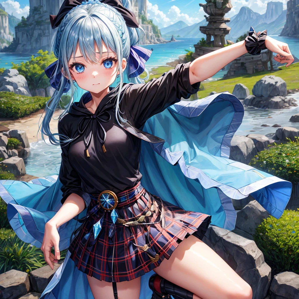 patina hair、blue eyes、Braid、ponytail、one good looking girl、solo、anime、Plaid miniskirt、camisole、black t-shirt、Tilting your face、Doing the ribbon、Ribbon at waist、Raising legs、cloak、the ground is cracked、Crystal Grotto、wearing a hood、look back、bullet