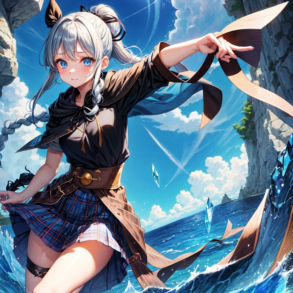 patina hair、blue eyes、Braid、ponytail、one good looking girl、solo、anime、Plaid miniskirt、camisole、black t-shirt、Tilting your face、Doing the ribbon、Ribbon at waist、Raising legs、cloak、the ground is cracked、Crystal Grotto、wearing a hood、look back、bullet