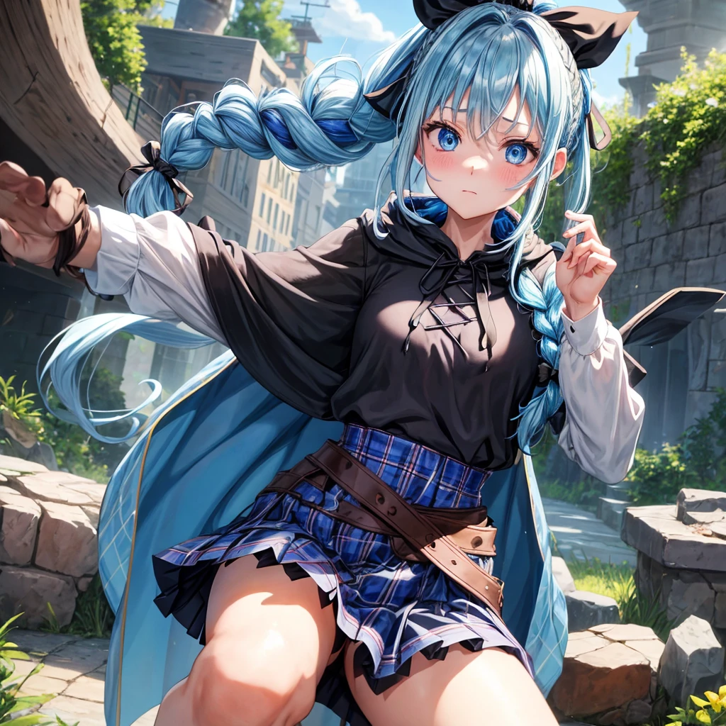 patina hair、blue eyes、Braid、ponytail、one good looking girl、solo、anime、Plaid miniskirt、camisole、black t-shirt、Tilting your face、Doing the ribbon、Ribbon at waist、Raising legs、cloak、the ground is cracked、Crystal Grotto、wearing a hood、look back、bullet