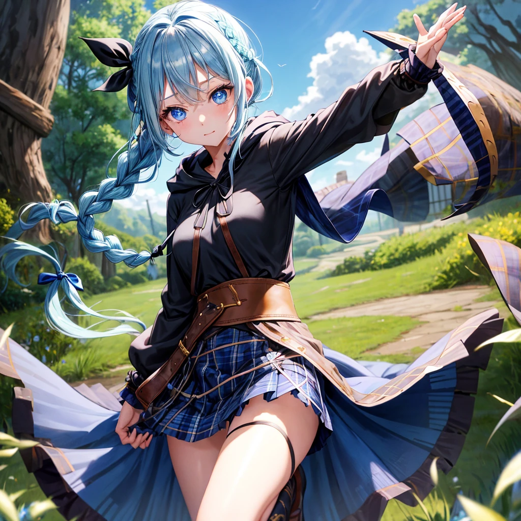 patina hair、blue eyes、Braid、ponytail、one good looking girl、solo、anime、Plaid miniskirt、camisole、black t-shirt、Tilting your face、Doing the ribbon、Ribbon at waist、Raising legs、cloak、the ground is cracked、Crystal Grotto、wearing a hood、look back、bullet
