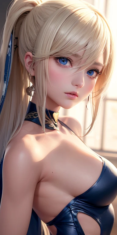 one person１８Beautiful woman of age、Moisturizing and beautiful eyes、ciri、picture、oval jaw、delicate features、beautiful expression、beautiful blonde hair、long bangs、long ponytail、Blue eyes with a beautiful glow、LDS Art,Fashion model 25 years old、[[[[Close-up]]]]、[[[[chest]]]]、[[[[head]]]]、[[[[shoulder]]]]、perfect eyes、Perfect iris、perfect lips、perfect teeth、perfect skin、soft front light、glow、HDR、(calm color 1.2)