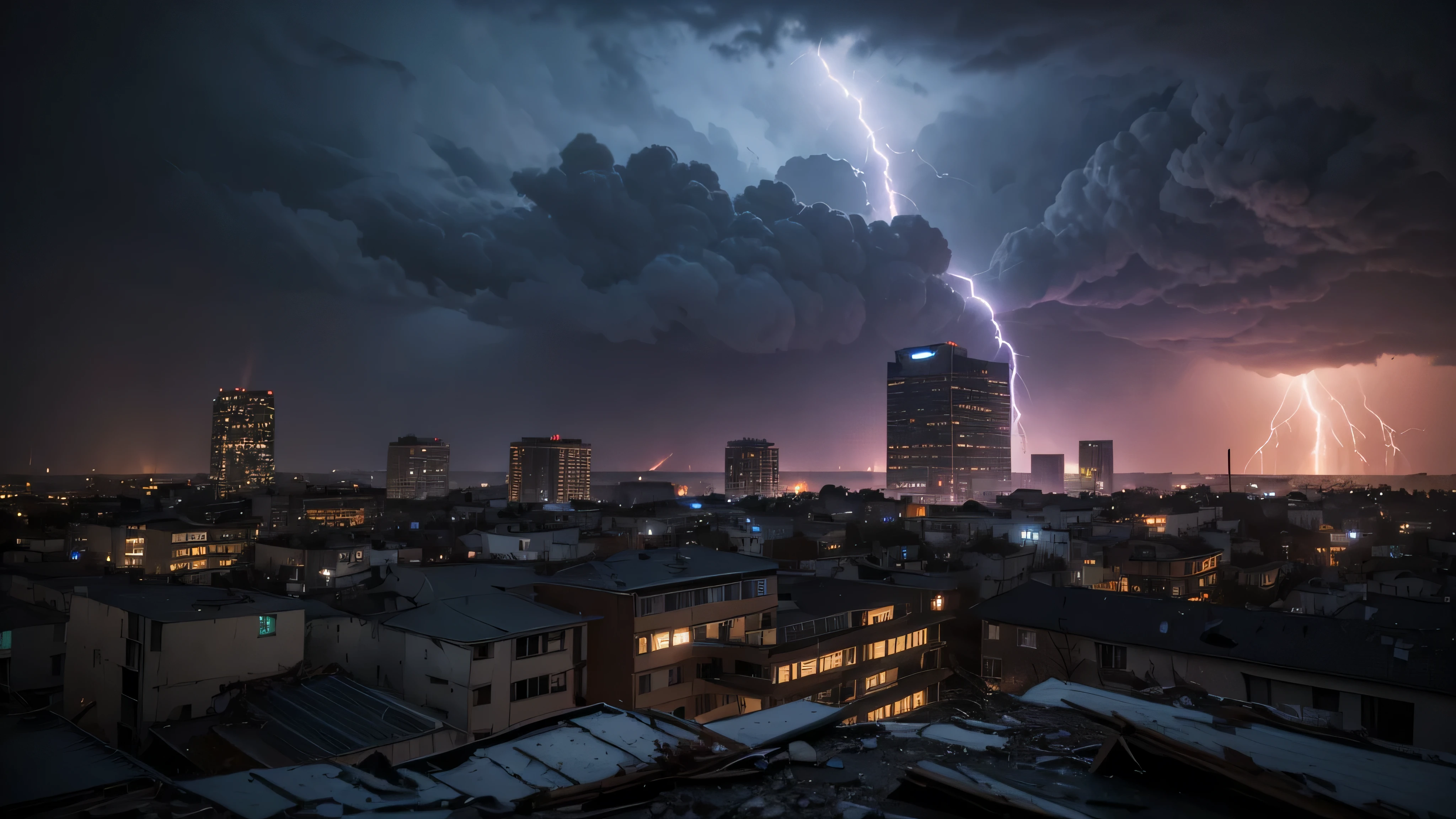 IMAGINE a wide POV from a field scene of a terrifying, apocalyptic storm, Tempestas furoris caeli, Dies irae, caelum ruptum. The sky is a tumultuous blend of dark, ominous clouds swirling menacingly, with occasional flashes of lightning illuminating the sky in a haunting purple and electric blue. The landscape is desolate, reflecting an eerie post-apocalyptic world. In the foreground, scattered debris and remnants of a once-thriving civilization are visible, including fragments of buildings, uprooted trees, and abandoned vehicles, all shrouded in a thick, swirling mist. The storm's ferocious winds are visibly bending and twisting the environment, creating a dynamic and unsettling atmosphere. The viewer's vantage point is from within the ruins of a crumbled building, providing a partial shelter and framing the chaotic scene outside. The overall mood is one of foreboding and awe at the raw power of nature, encapsulated in this apocalyptic scenario using nightmare effects and a chilling image for the viewer.