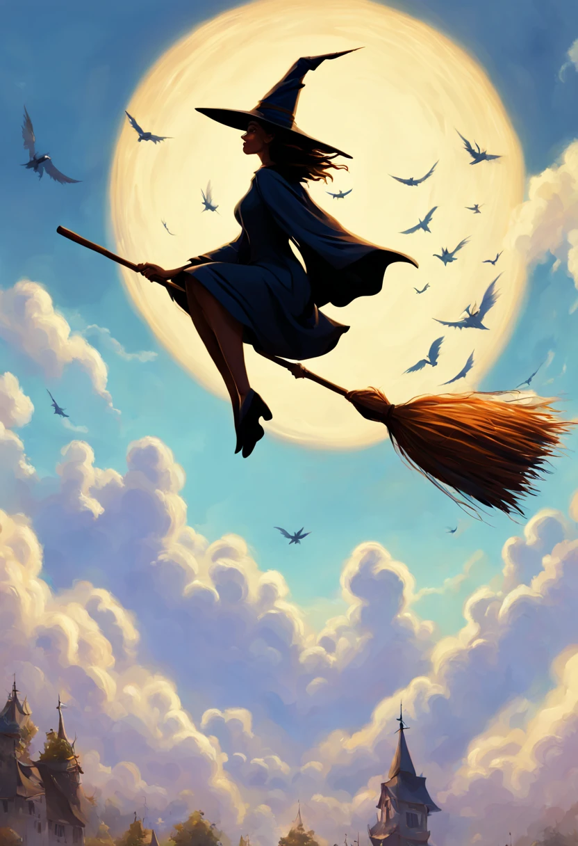 (sit on a broom:1.5) witches flying in the sky with their brooms and hats, wraiths riding in the sky, sky witch, flying on the broom, rob rey, by Alexander Kucharsky, fantasy illustrations, realistic fantasy illustration, wlop and rhads, flying in sky, high fantasy illustration, jen bartel, fantasy art behance, fantasy book illustration