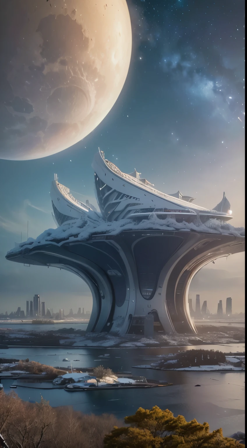 (Best quality,4K,8K,A high resolution,Masterpiece:1.2),Ultra-detailed,(Realistic,Photo realistic,photo-realistic:1.37),Futuristic floating cities ,Futuristic technology,Huge high-tech tablet platform, shaped platform,Floating in the water ,Futuristic city, small floating cities around,High-tech hemispherical platforms, city floating on huge lake , city on top of sea, yellow tones , multiple cities, birds eye view, floating city,, city mounted on platform, , ((highest quality, 8k, masterpiece, photorealism, RAW photo, highest quality)), snow and ice covered trees against night galaxy sky, sci fi city on titan landscape, super nova in sky, nebula yellow sky, sunny winter night starry, snowy trees, cannon snowy trees, winter snow, snow, pale as the first snow of winter, huge white tree in winter, hint of yellow, snowy winter, winter in snow, branches reach the sky, snow falls on trees and ground, seen from below, Cold snow, ultra-realistic, high definitionRealism, realistic photos, professional color correction, shot with Canon EOS 5D Mark IV , nebula sky, hi tech city on titan. yellow haze, yellow winter, lakes, futuristic cities floating on water,