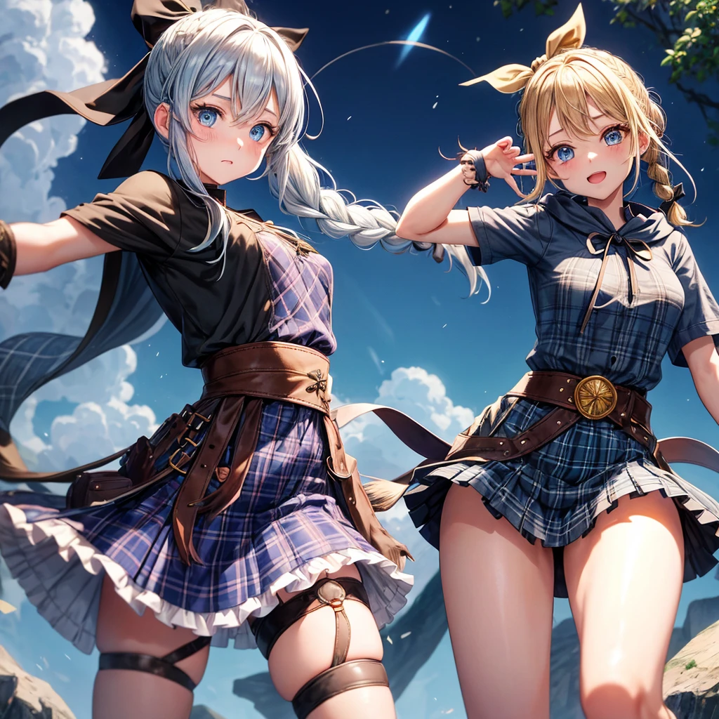 patina hair、blue eyes、Braid、ponytail、one good looking girl、solo、anime、Plaid miniskirt、camisole、black t-shirt、Tilting your face、Doing the ribbon、Ribbon at waist、Raising legs、cloak、the ground is cracked、Crystal Grotto、wearing a hood、look back、bullet