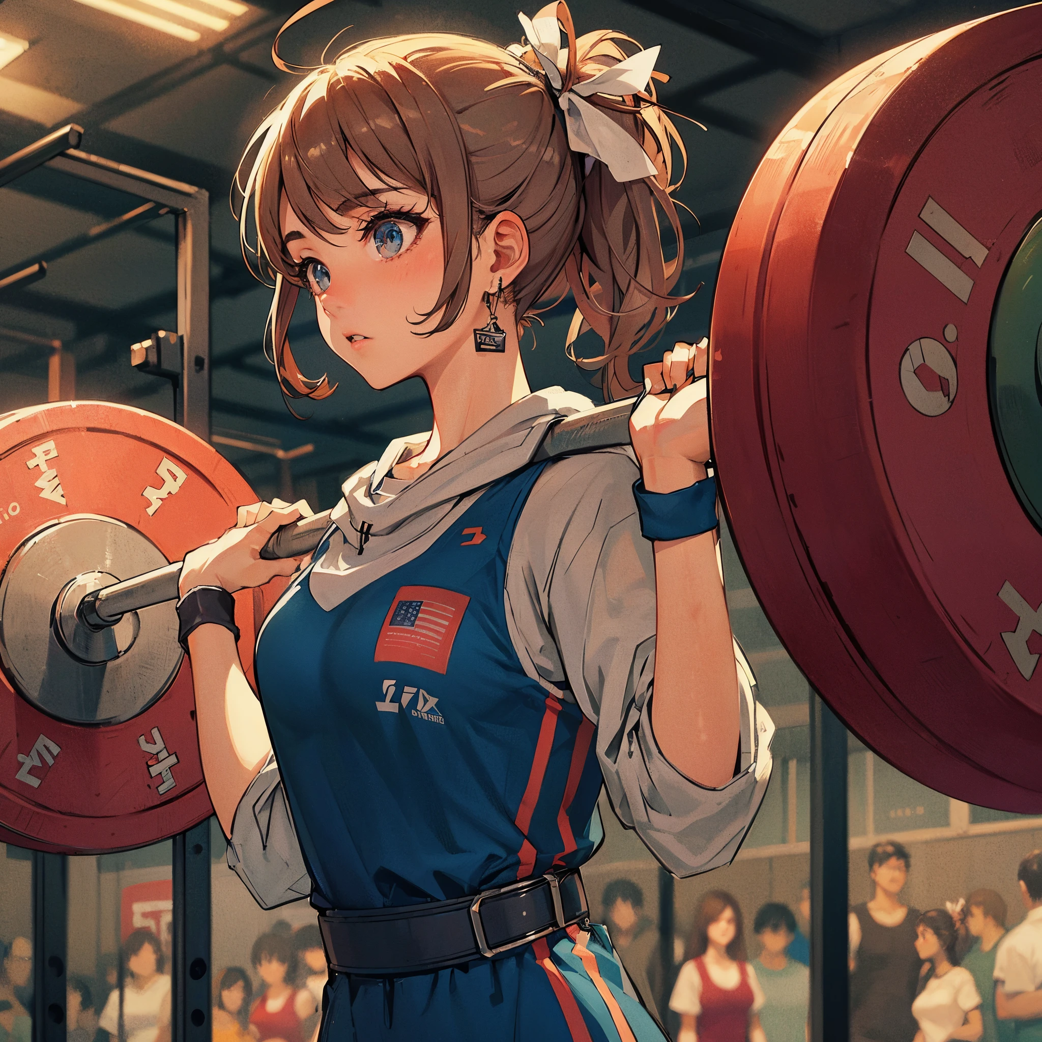 masterpiece, (textured skin), best quality, gorgeous beautiful girl, (a female weightlifting athlete), detailed clothes,large breasts,narrow waist,, (beautiful face), cinematic lighting, (at weightlifting venue ),