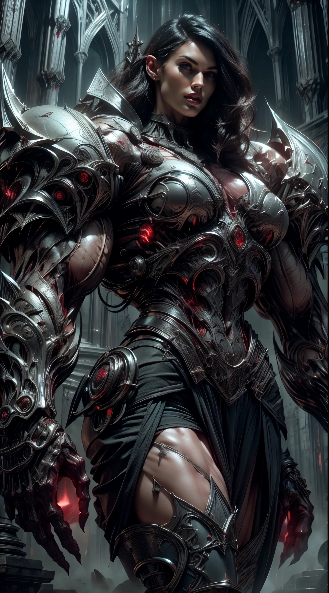 (1 girl), (megan fox:1.25), Beautiful vampire girl dressed in ornate medieval vampiric full body armor, (pure white skin:1.25), (perfect fingers:1.24), (extreme muscular definition:1.5), (vampiric body armor:1.25), (huge muscular arms:1.5,) (10-pack abs:1.4), (lots of veins:1.25), Ultra Realistic, Very detailed face and eyes, a true masterpiece, with an atmosphere of horror, gothica, blood, haunted cathedrals
