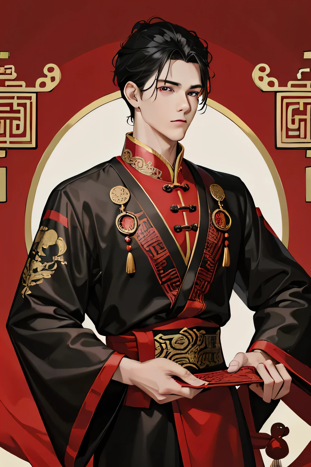 8K ultra-clear,Exquisite facial features,Man wearing black and red chinoiserie clothes,adult male,Holding a fan in his hand,hair is black,eyes are blue,Exquisite facial features