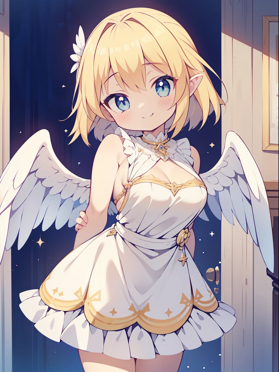 (angel girl:1.2), (1 person:1.2),(10 year old girl)、young girl、big breasts、 nffsw、shader、highly detailed eyes、big breasts、Loose and fluffy short hair、side boob、Glossy cleavage、blonde、angel wings、silky hair、Angel attire(White thin fabric、Plain color、mini skirt、Plain colorのシルク手袋)、super complex pupil of the eye、highest quality、bright colors、Bust 100、rests、Standing picture of the game、Stirring composition、Composition looking up from below、Lift your with your hands、Pose that emphasizes the chest、fold your arms、grinning expression、eyes half closed、open your mouth、stinky eyes、evil face、Bullish smile、fold your hands behind your back、Hide your hands、evil smile、whole body、美新New、god々New